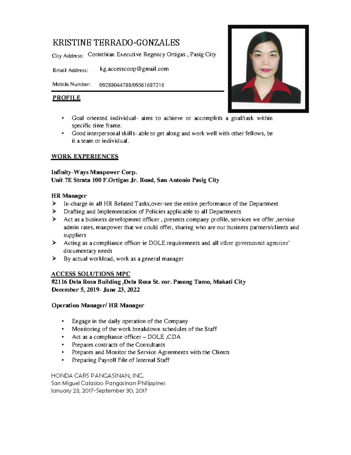 Resume Kristineterrado- Gonzales - Goal oriented individual- aims to ...