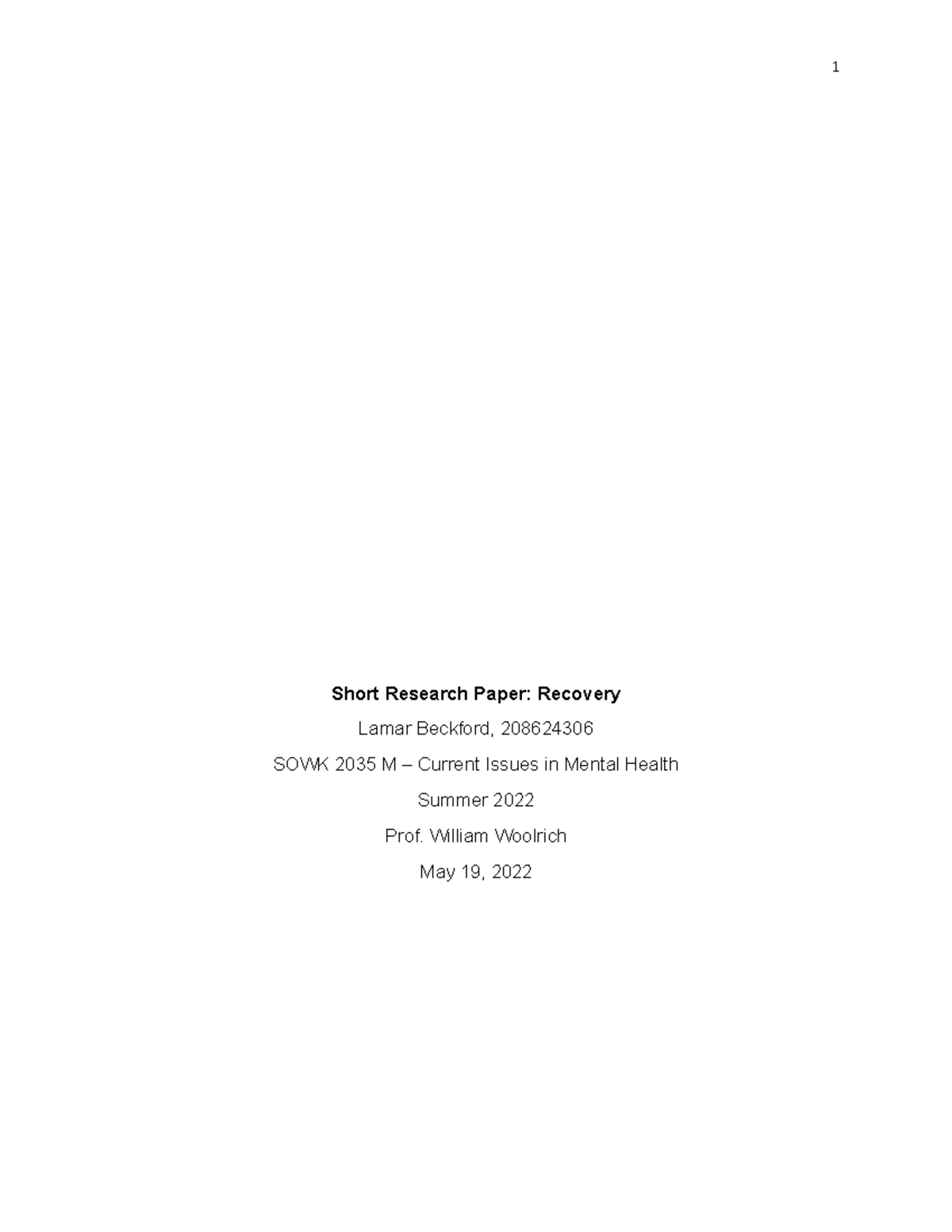 Recovery Paper - SOSW2035 - Yorku - Studocu