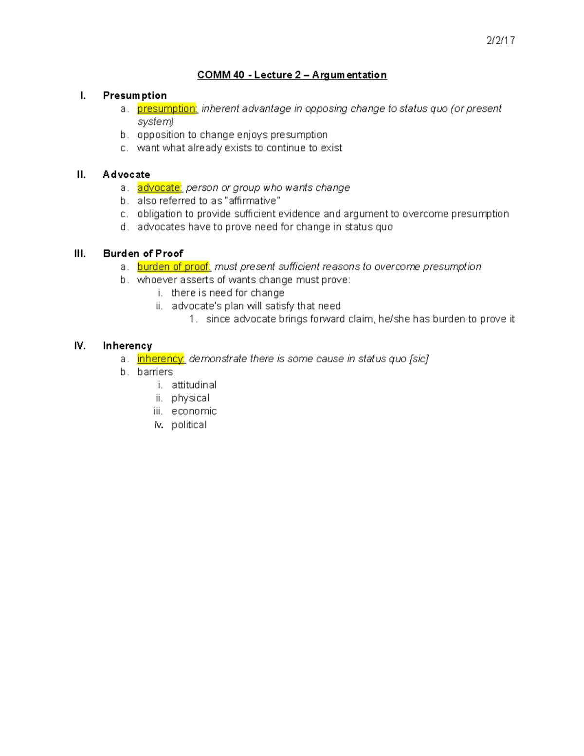 Comm 40 Lecture 2 Argumentation Vocabulary Comm 40 Lecture 2 Argumentation I Presumption