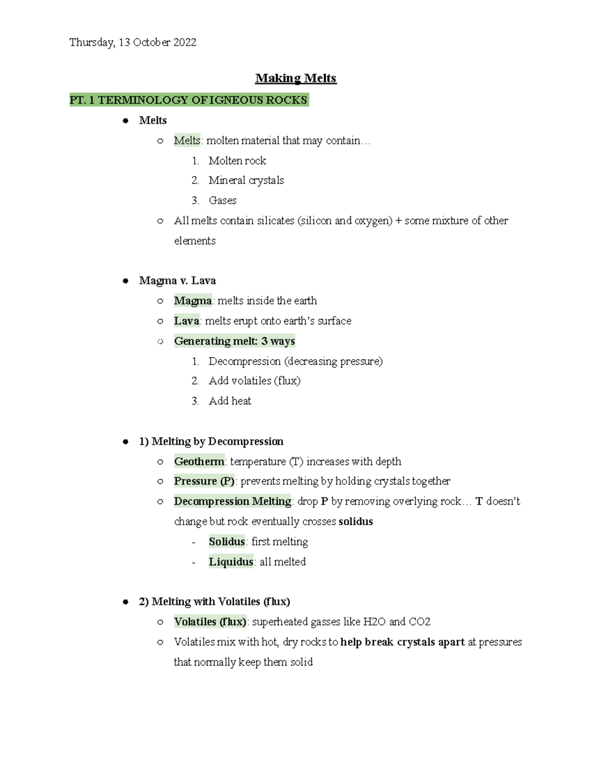 Making Melts - Prof. Burmeister notes - Thursday, 13 October 2022 ...