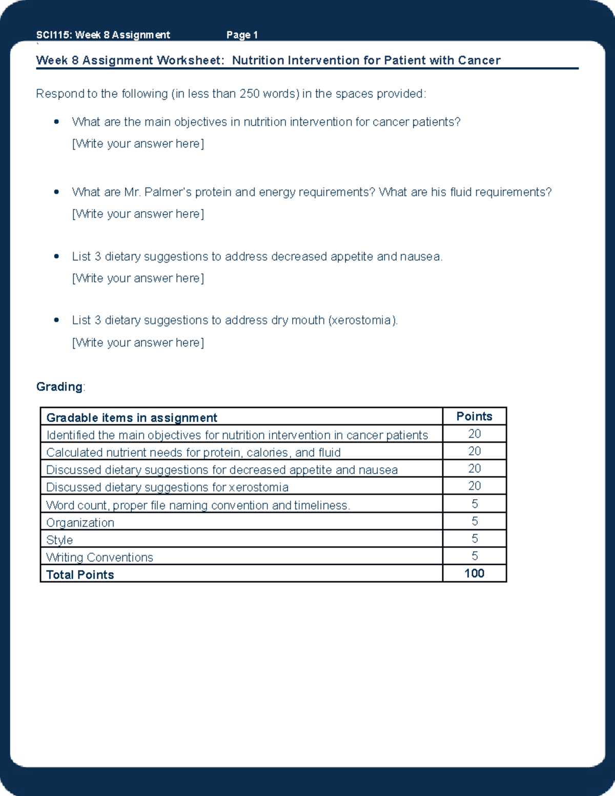 week 8 assignment worksheet nutrition intervention for patient with cancer