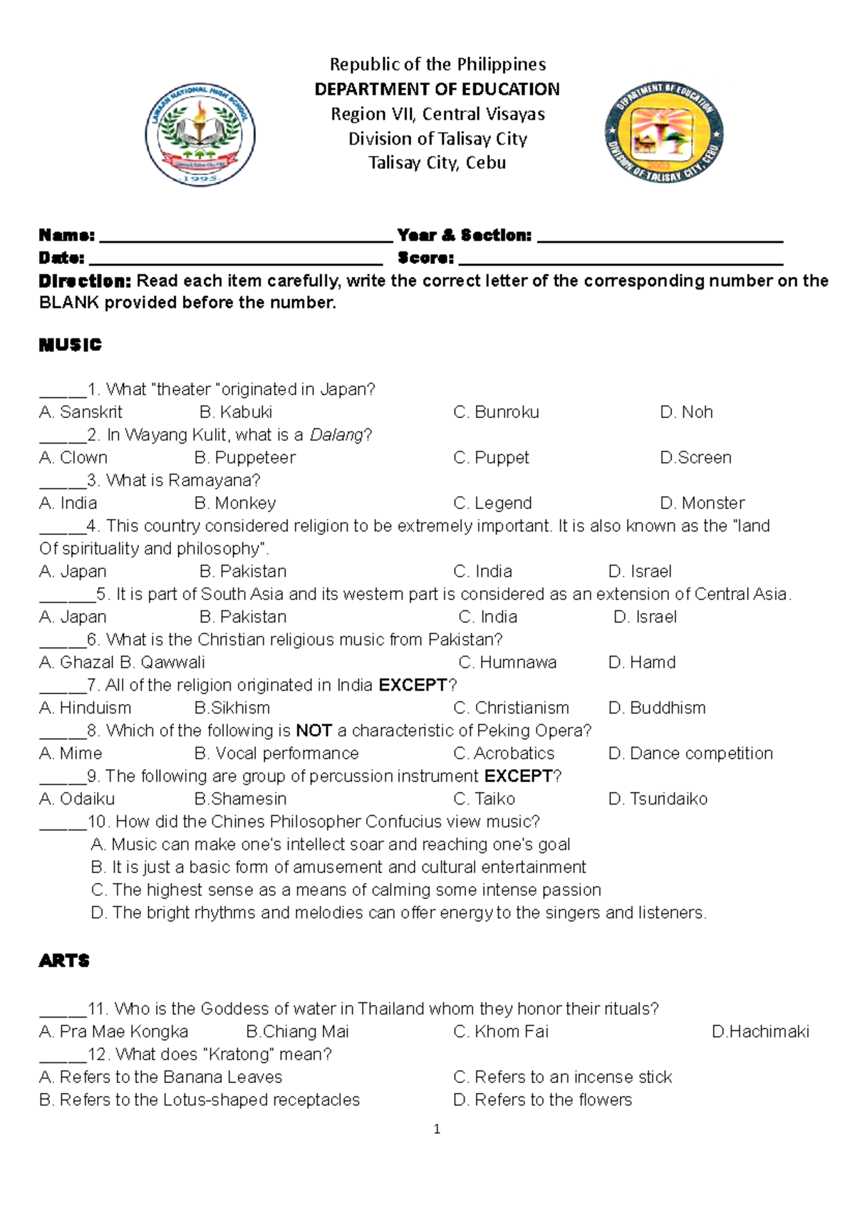 Achievement-test - education - Republic of the Philippines DEPARTMENT ...