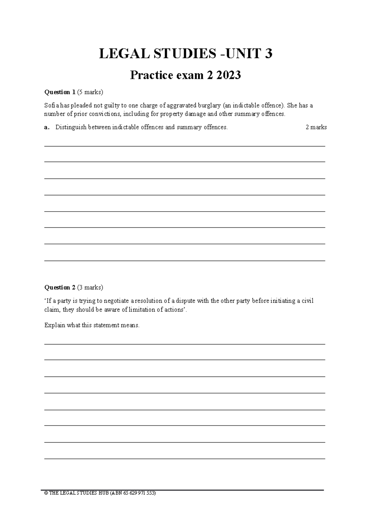 2023 Practice exam 2 with answers at end - LEGAL STUDIES -UNIT 3 ...