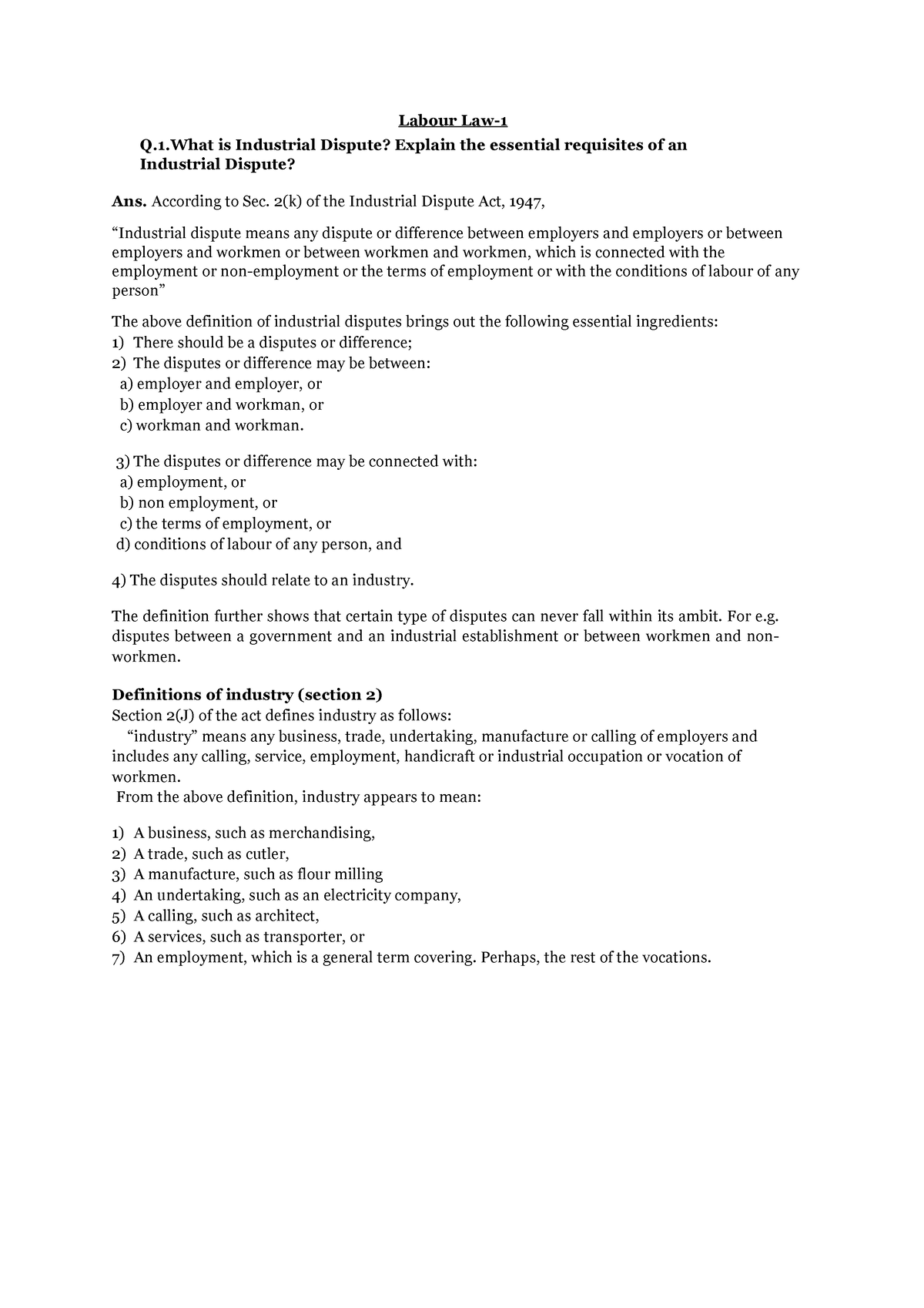 law lecture notes - Labour Law- Q.1 is Industrial Dispute? Explain the ...