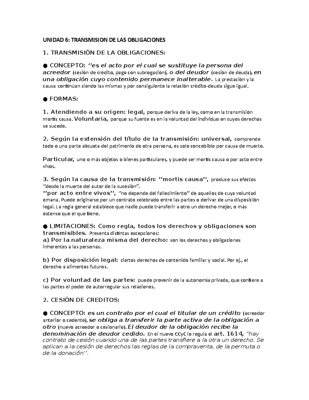 Unidad 6 - Completo. - UNIDAD 6: TRANSMISION DE LAS OBLIGACIONES 1 ...