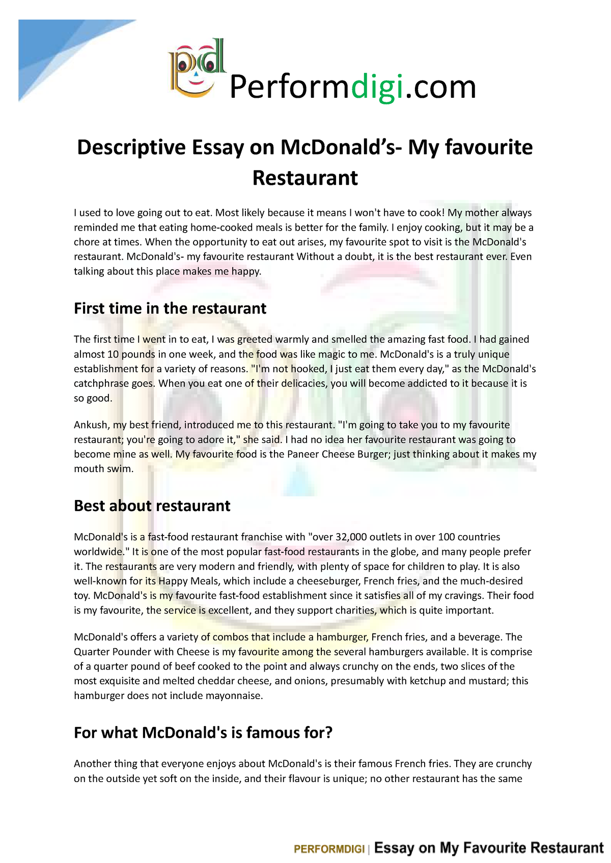 my favourite restaurant essay 100 words