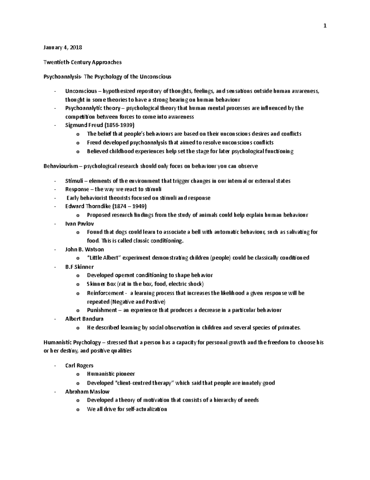 Psy 102 - Lecture notes All - 1 January 4, 2018 Twentieth-Century ...