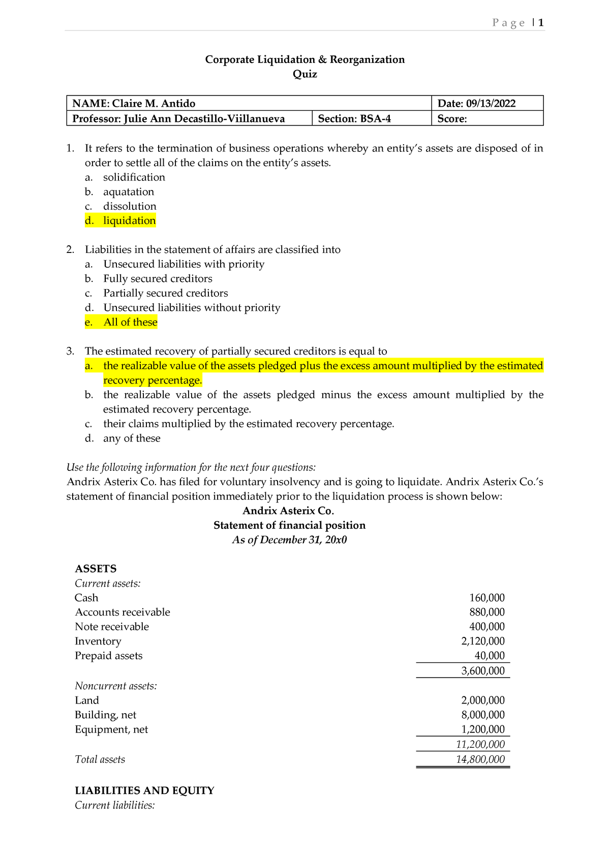 Corporate Liquidation Quiz Antido,Claire M - Corporate Liquidation ...