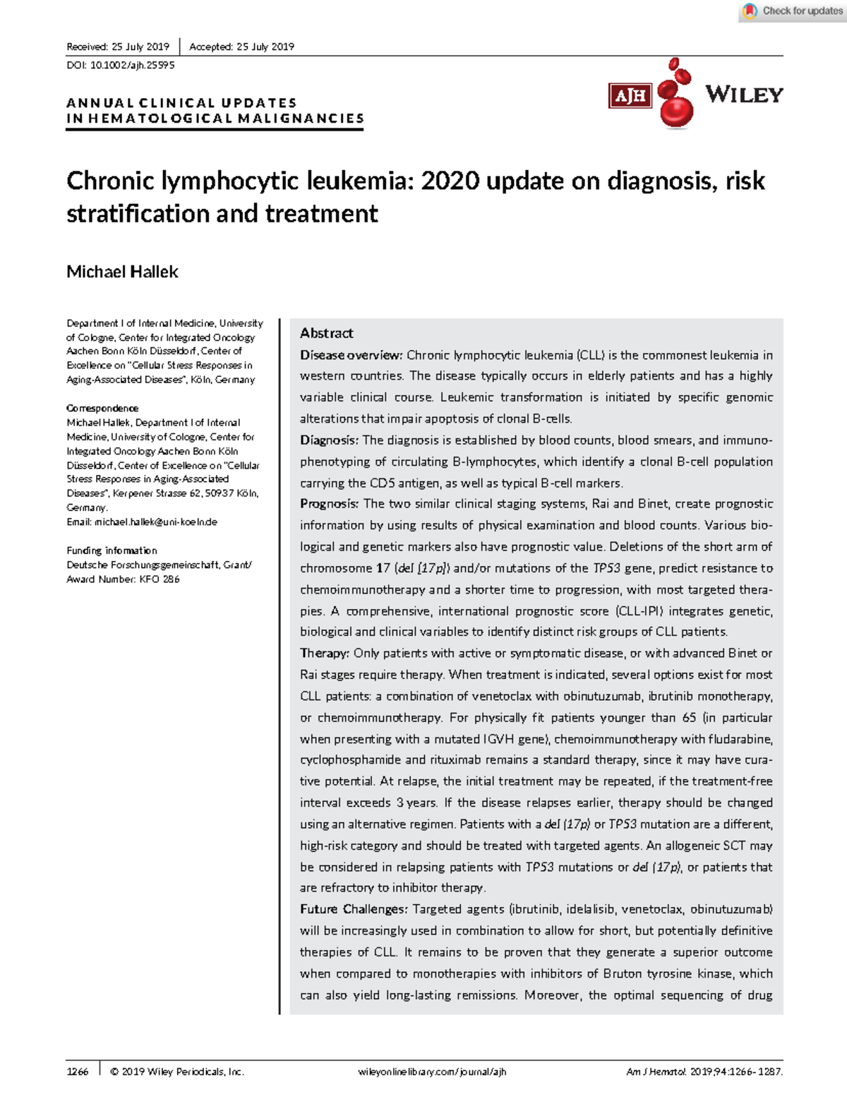 American J Hematol - 2019 - Hallek - Chronic lymphocytic leukemia 2020 ...