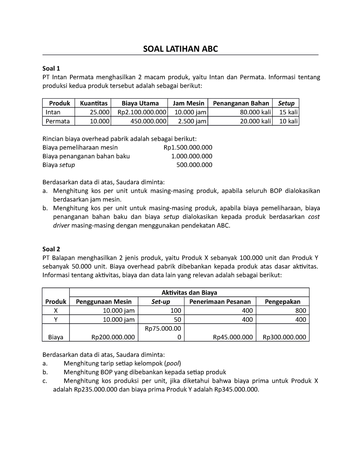 Soal Tugas 1 - Akuntansi Manajemen - SOAL LATIHAN ABC Soal 1 PT Intan ...