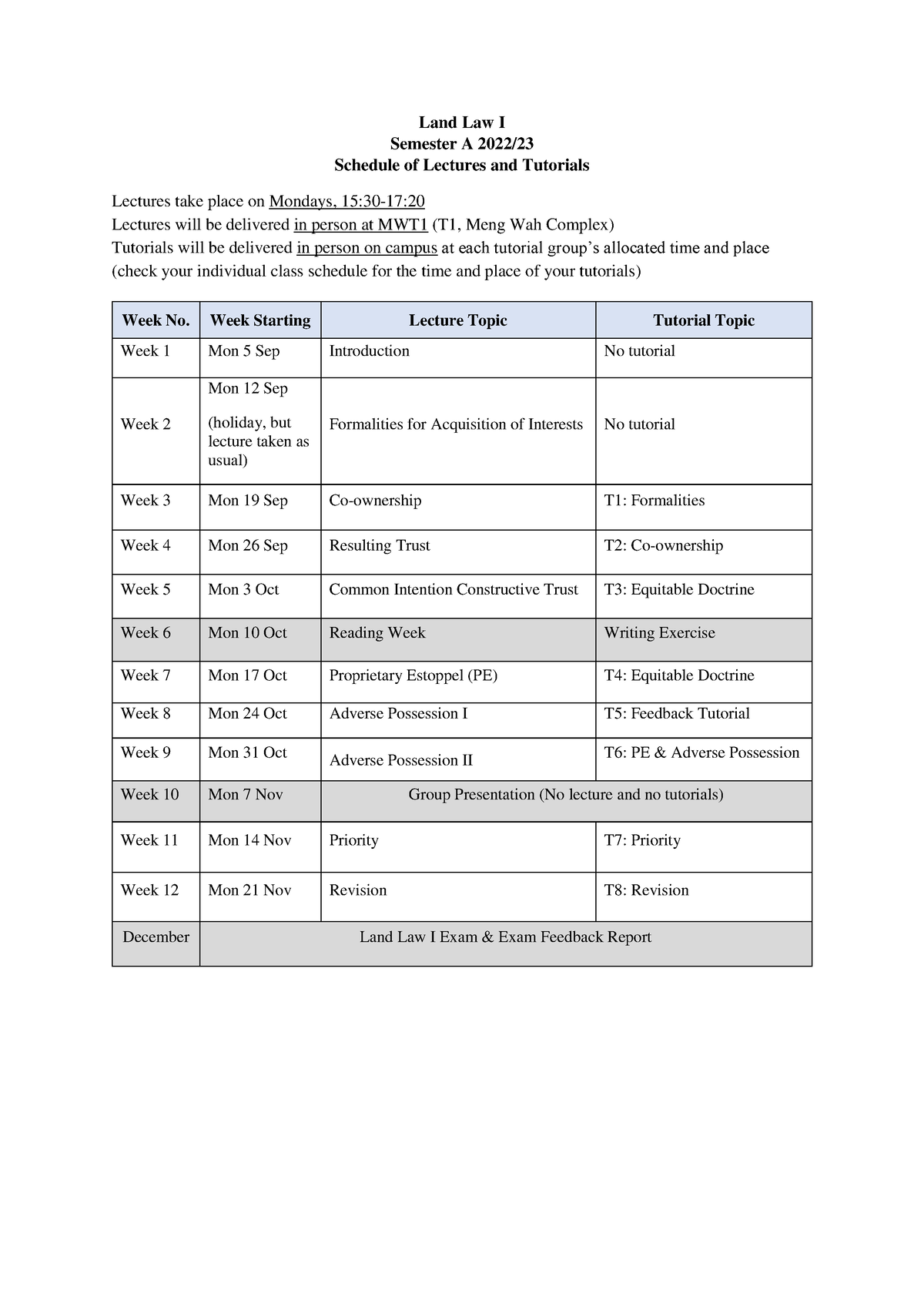 1 - 2022-23 Lecture and Tutorial Schedule (LLAW) - Law - HKU - Studocu