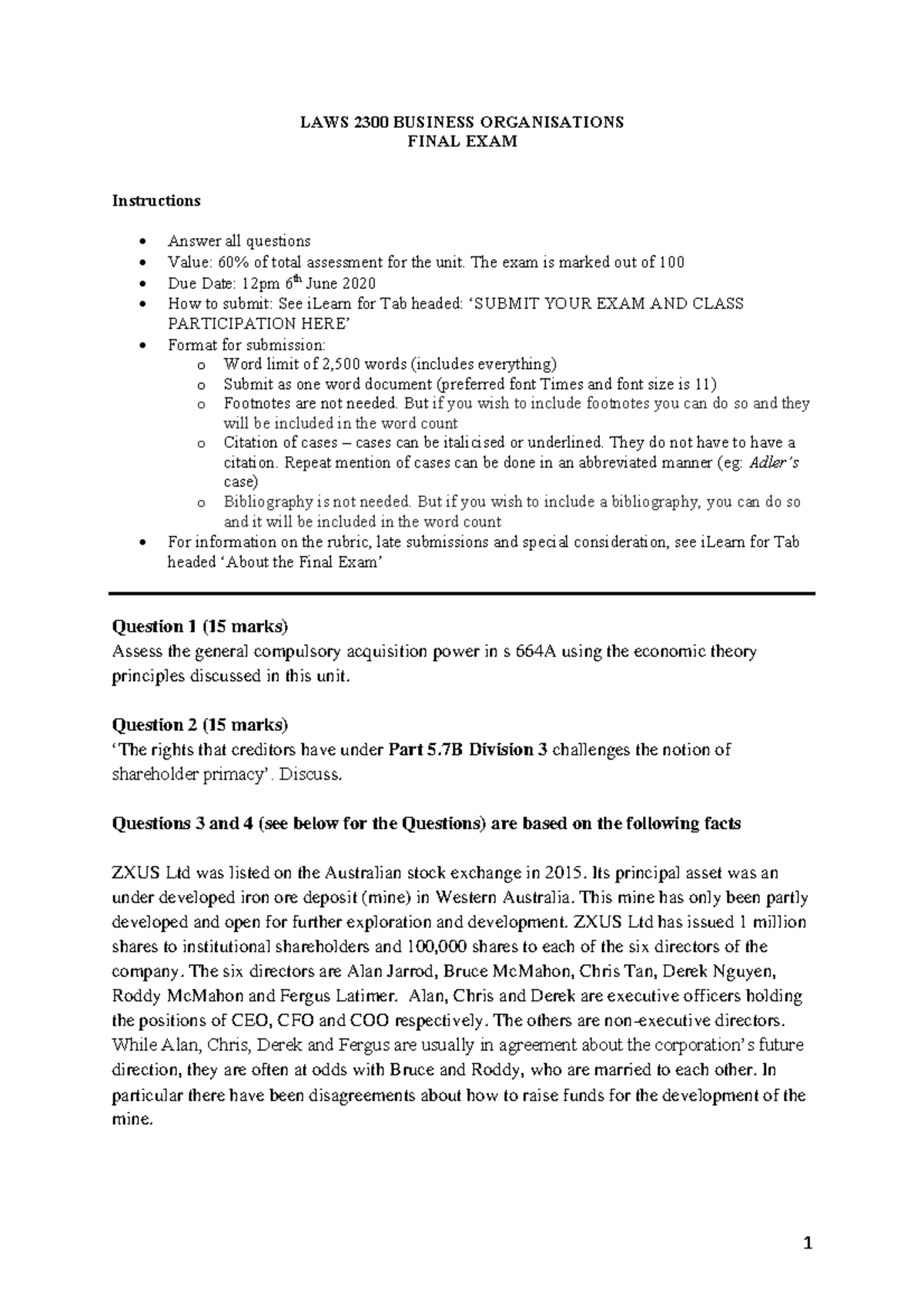 Exam 2020 for Students - 1 LAWS 2300 BUSINESS ORGANISATIONS FINAL EXAM ...