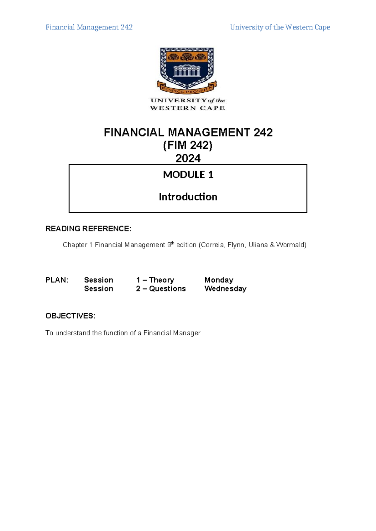 FIM 242 Module 1 Introduction 2024 - FINANCIAL MANAGEMENT 242 (FIM 242 ...