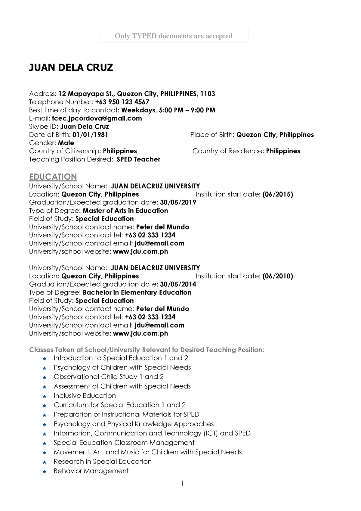 Fcec Resume Sample - 1 Juan Dela Cruz Address: 12 Mapayapa St., Quezon 