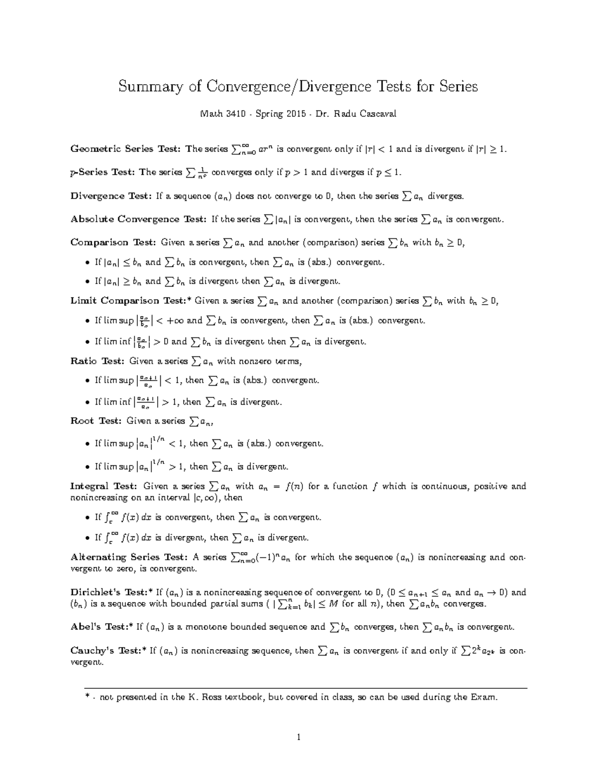 Math 31B - Convergence Test Study Guide - Summary Of Convergence ...