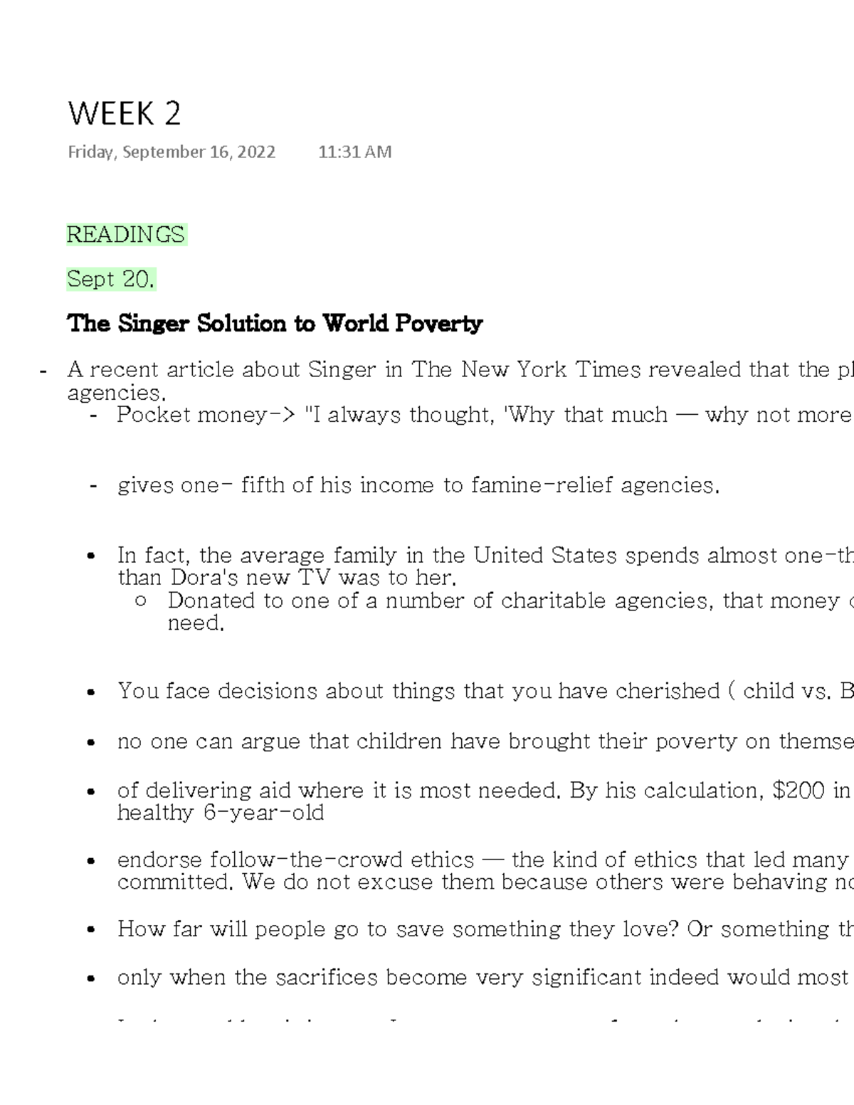 WEEK 2 - The Singer Solution to World Poverty - READINGS Sept 20. The ...