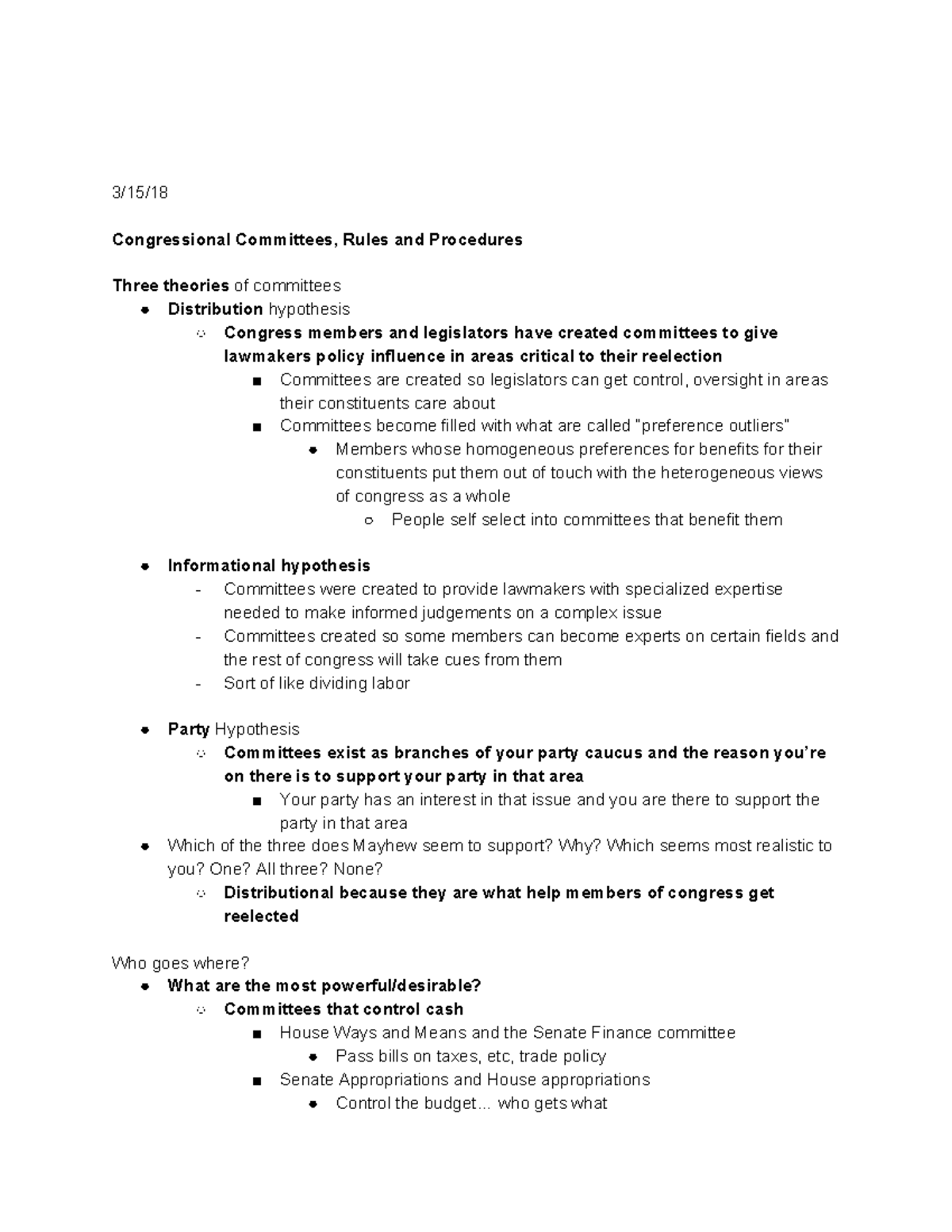 315 notes for class lectures - 3/15/18 Congressional Committees, Rules ...
