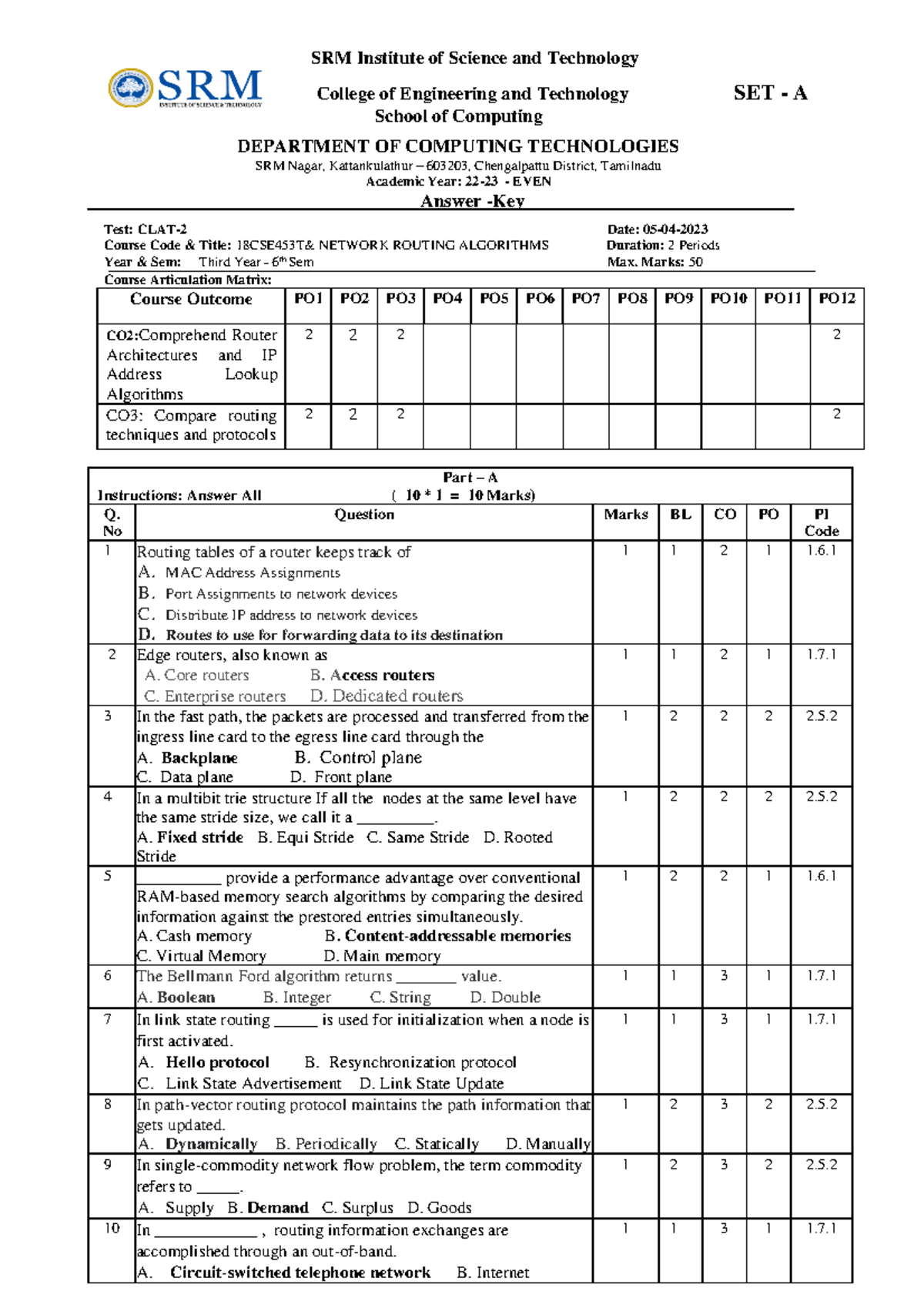 18CSE453T CT2 Answer Key - SRM Institute of Science and Technology ...