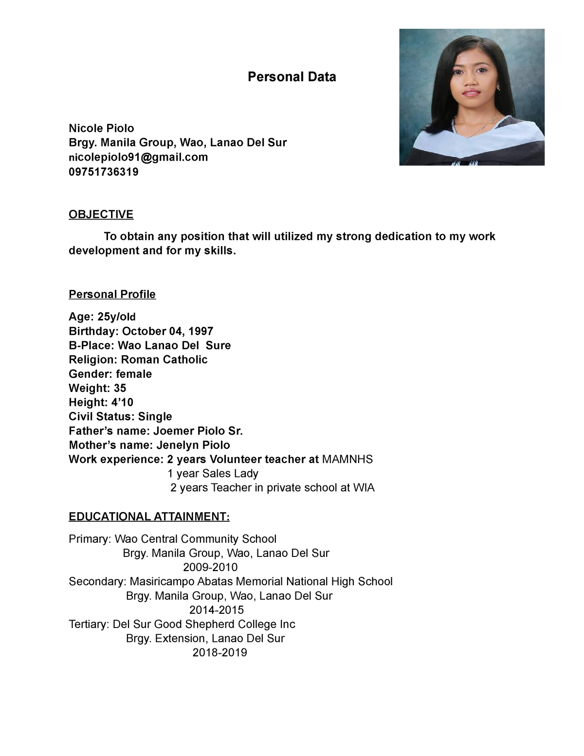 Nic resume - Not - Personal Data Nicole Piolo Brgy. Manila Group, Wao ...