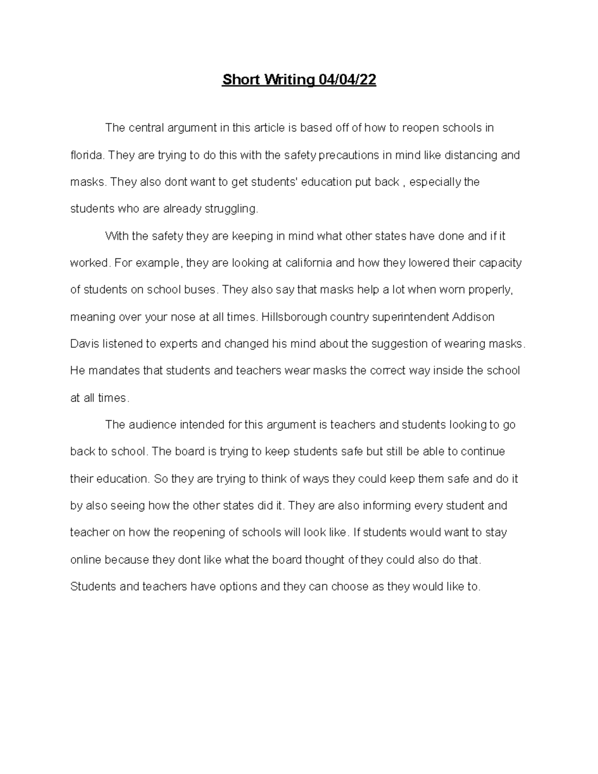 Short Writing 04 04 22 Short Writing 04/04/ The central argument in