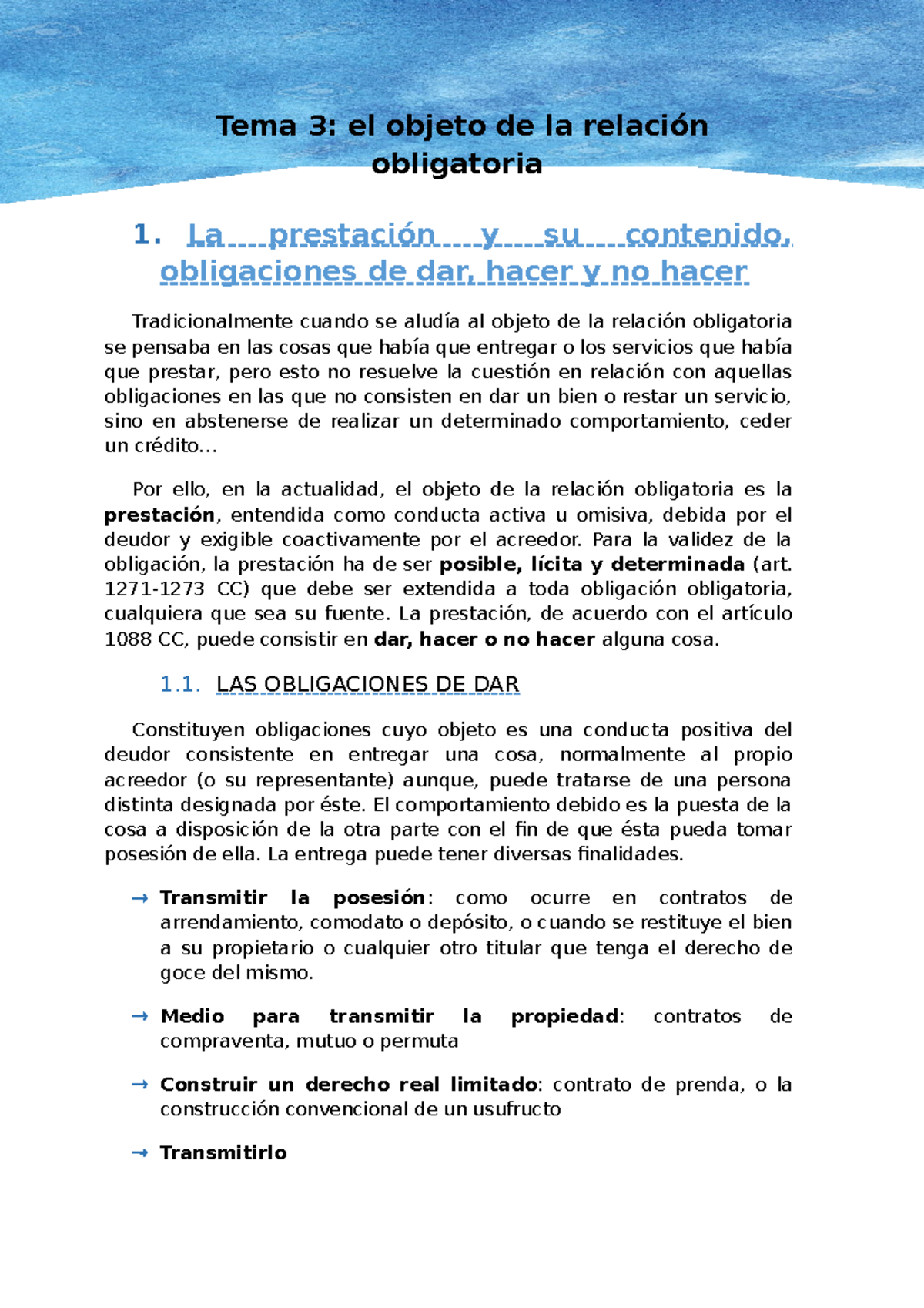 Obrigas t3 - Temario obligaciones y daños - Tema 3: el objeto de la ...