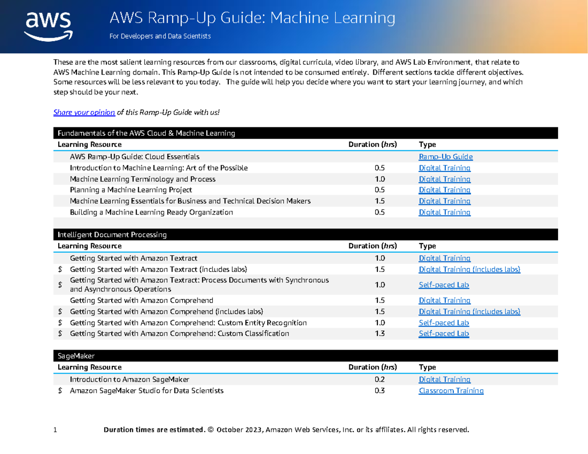 Ramp-Up Guide Machine Learning - 1 Duration times are estimated ...