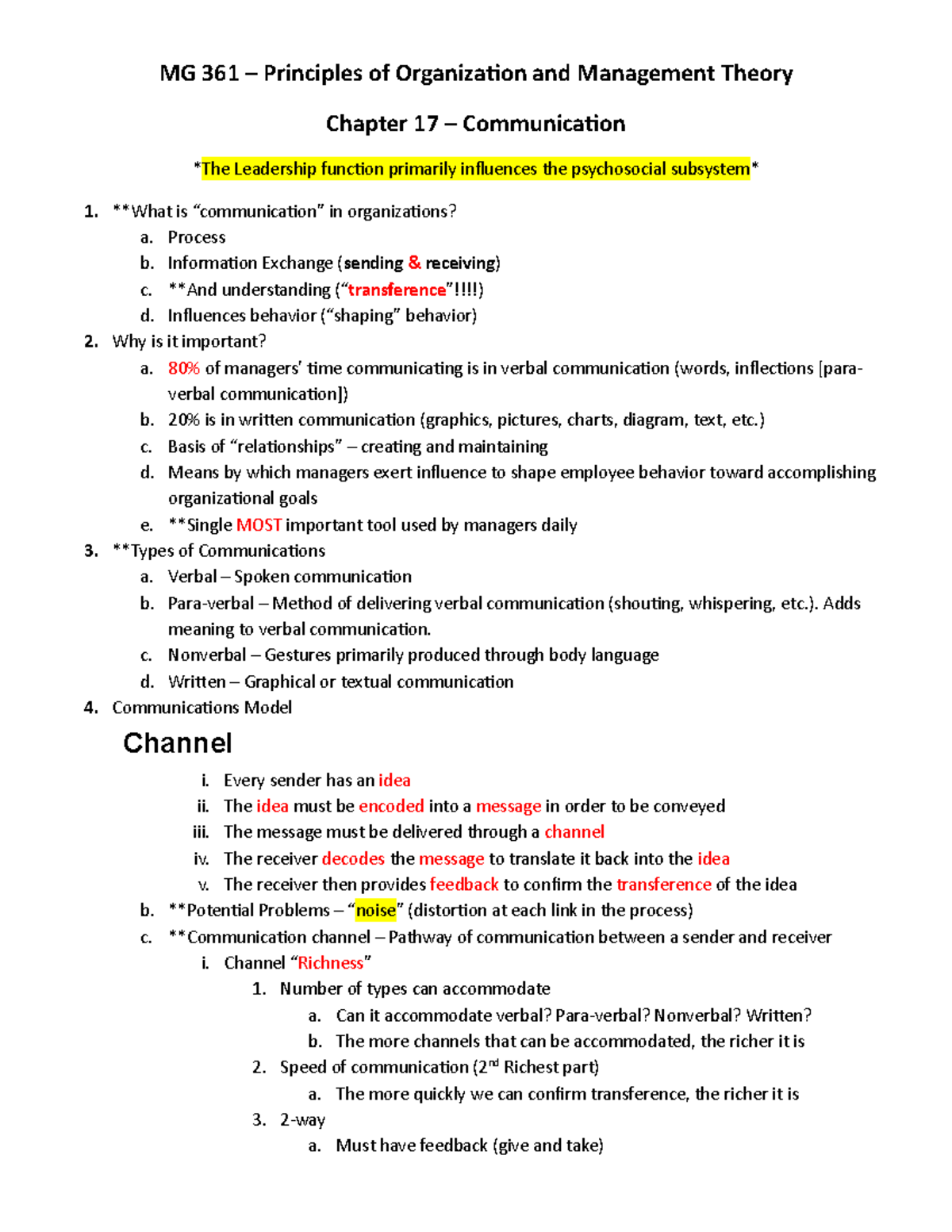 Chapter 17 Outline - MG 361 – Principles of Organization and Management ...