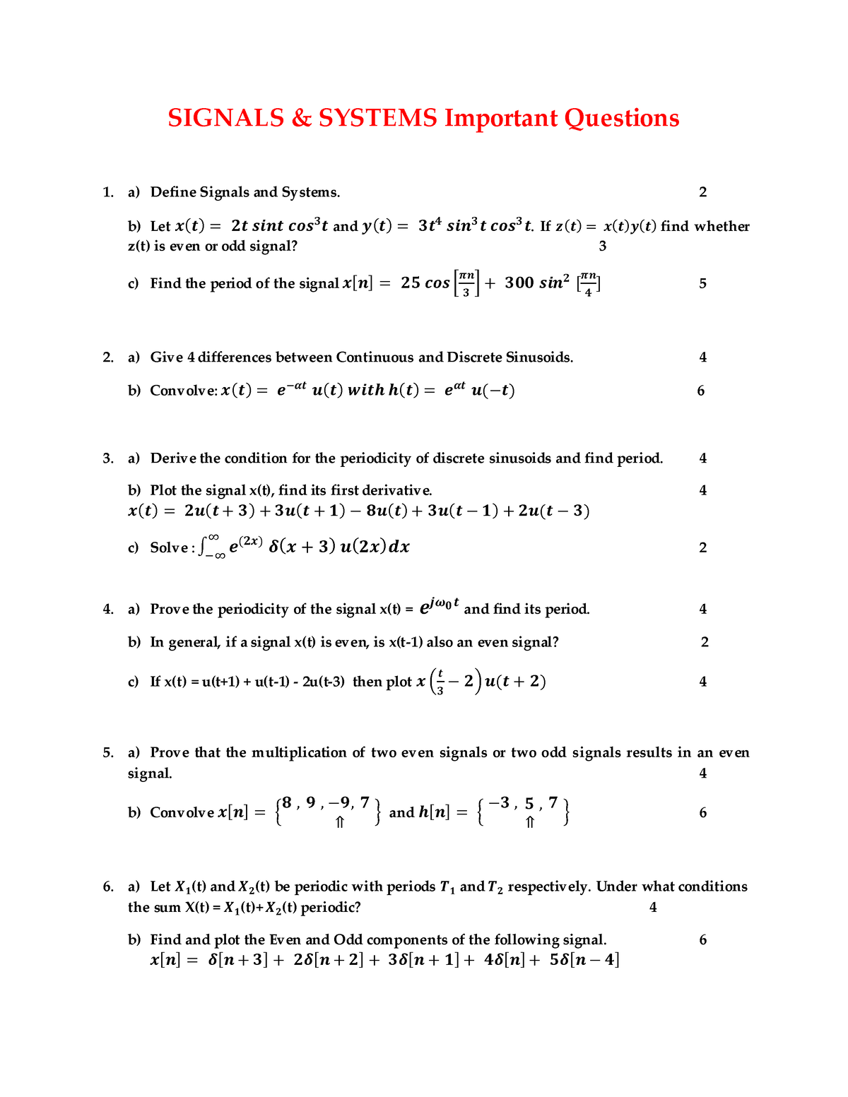 Signal and system Question set 2 SIGNALS & SYSTEMS Important