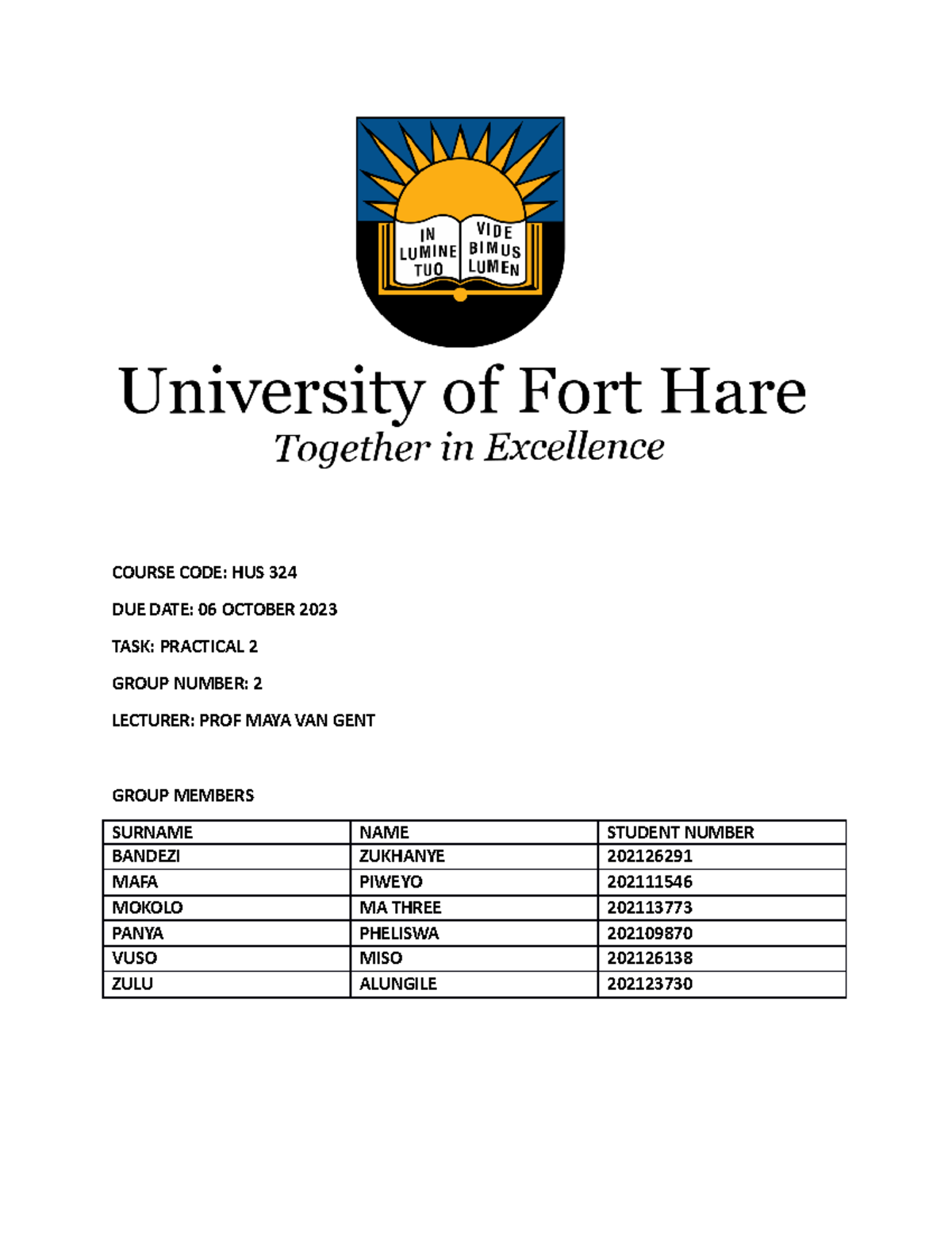 HUS 324 Group 2 Practical 2 - LECTURER: PROF MAYA VAN GENT GROUP ...