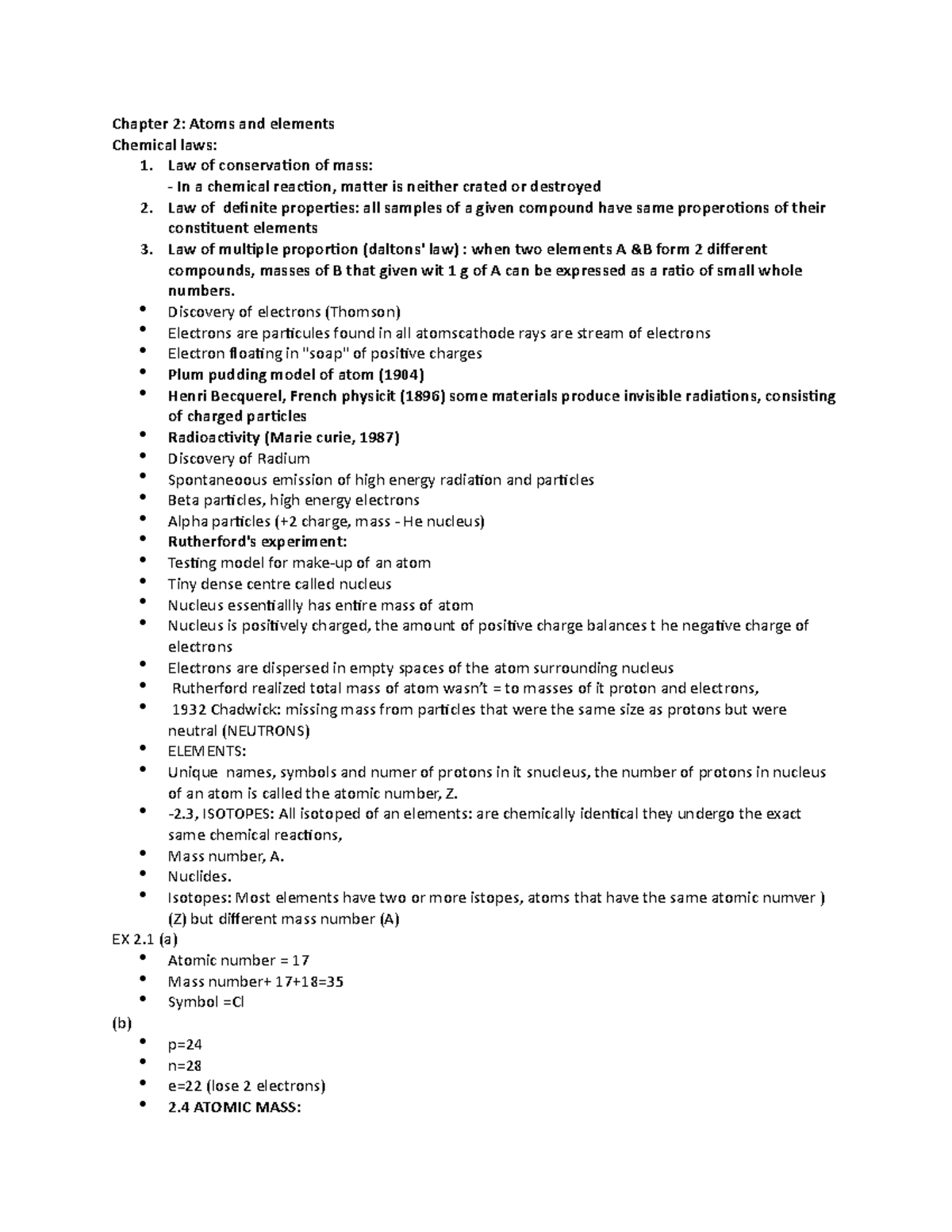 Chemistry 112 Notes Chapter 2 Atoms and elements Chemical laws 1