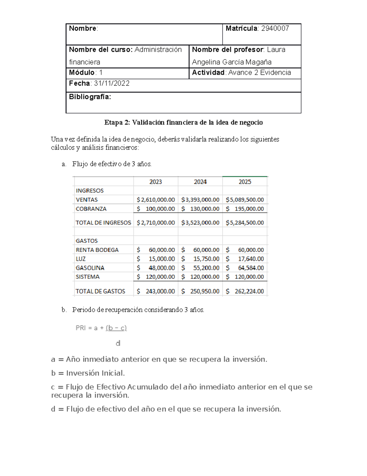 Avance 2 Administracion Financiera - Etapa 2: Validación Financiera De ...