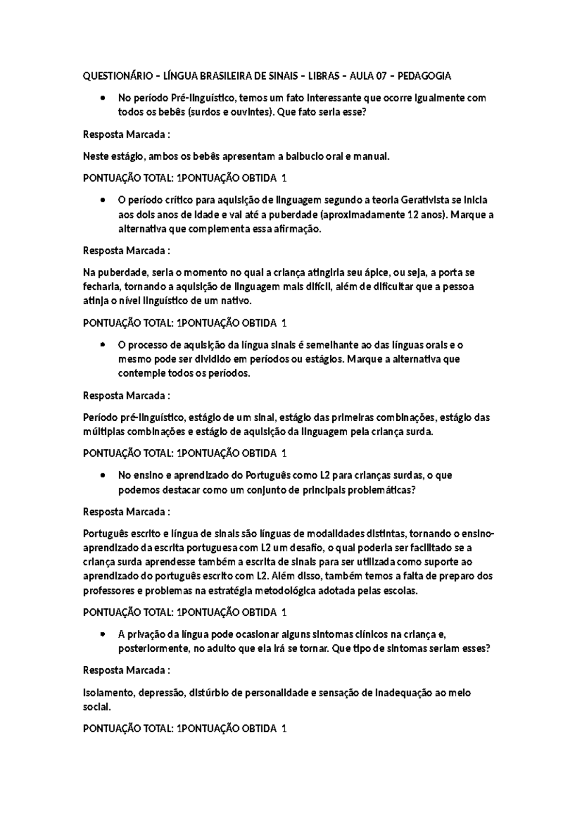 QUESTIONÁRIO – LÍNGUA BRASILEIRA DE SINAIS – LIBRAS – AULA 07 ...