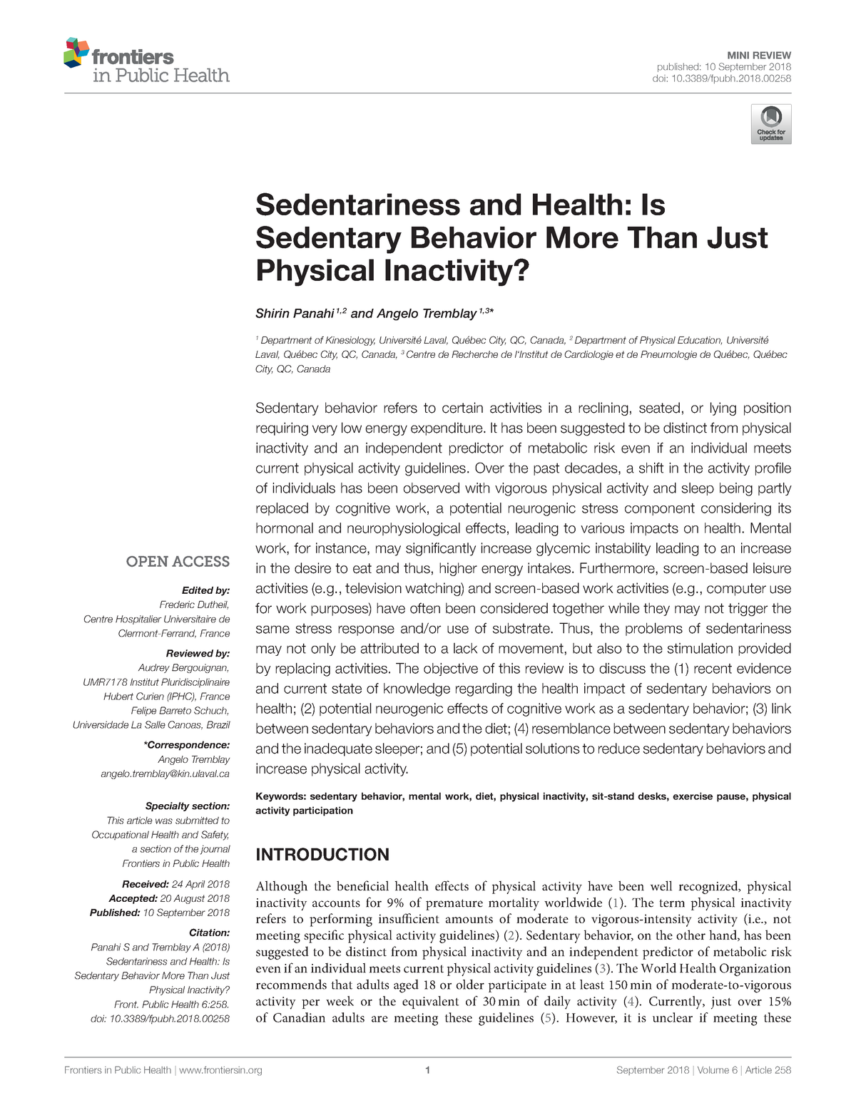 Sedentariness And Health. Is Sedentary Behavior More Than Just Physical ...