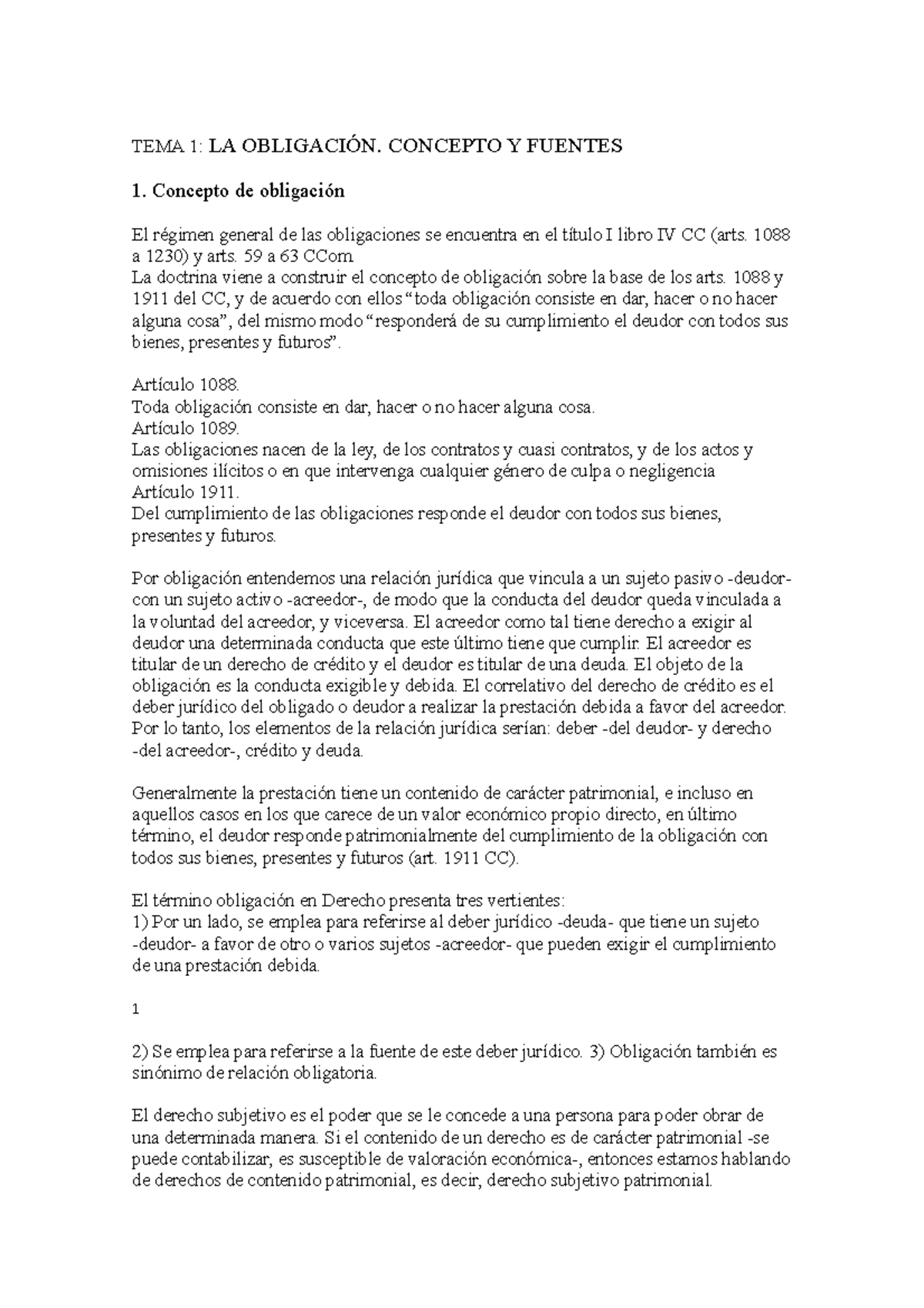 TEMA 1 Obrigas - apuntes varios - TEMA 1: LA OBLIGACÍN. CONCEPTO Y ...