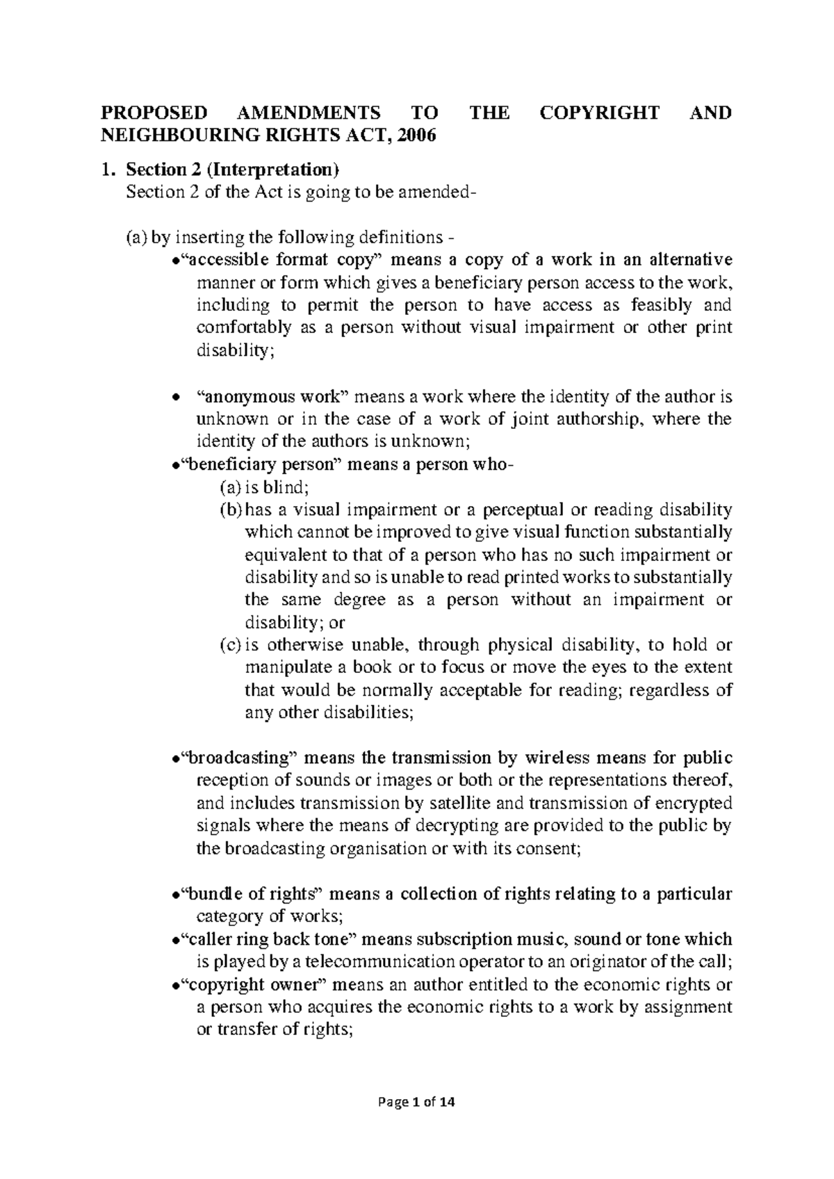 Proposed Amendments TO THE Copyright AND Neighbouring Rights ACT, 2006 ...