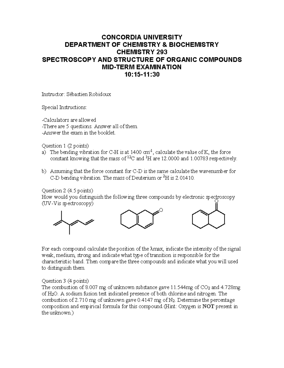 Sample/practice exam CONCORDIA UNIVERSITY DEPARTMENT OF CHEMISTRY & BIOCHEMISTRY CHEMISTRY 293