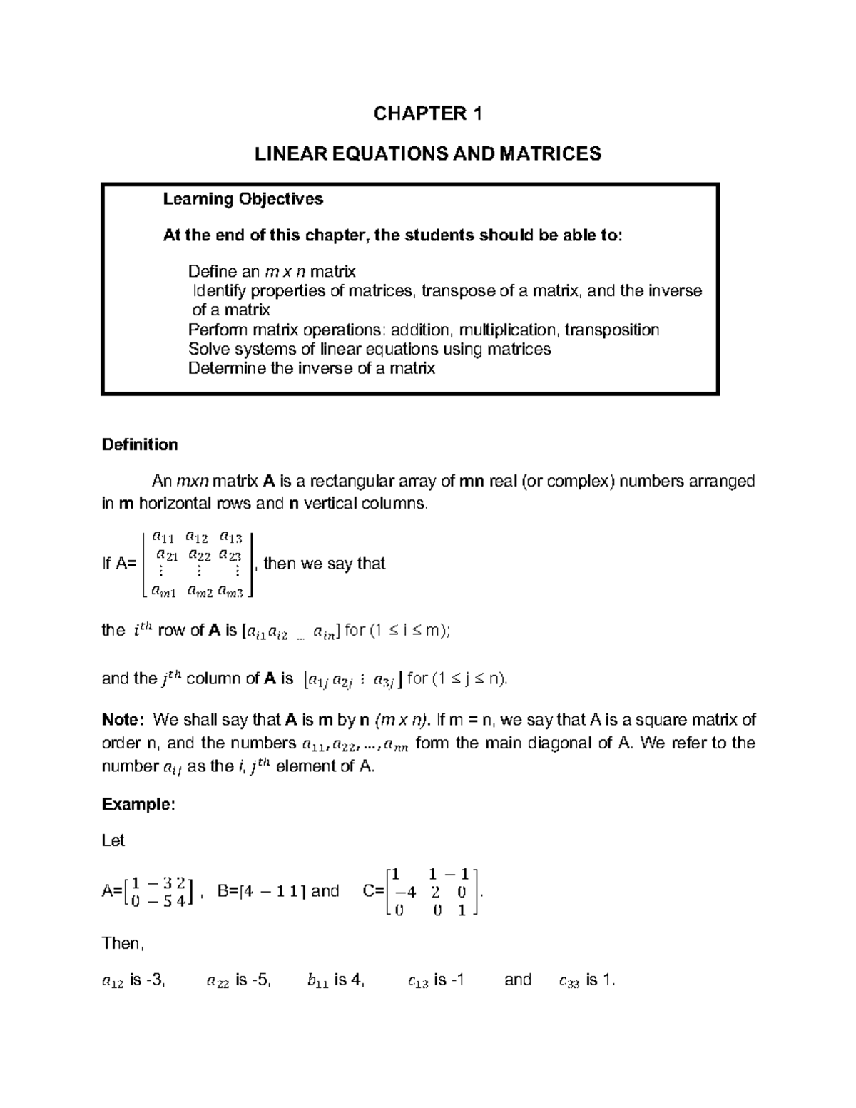 Module 1 - CHAPTER 1 LINEAR EQUATIONS AND MATRICES Definition An mxn ...