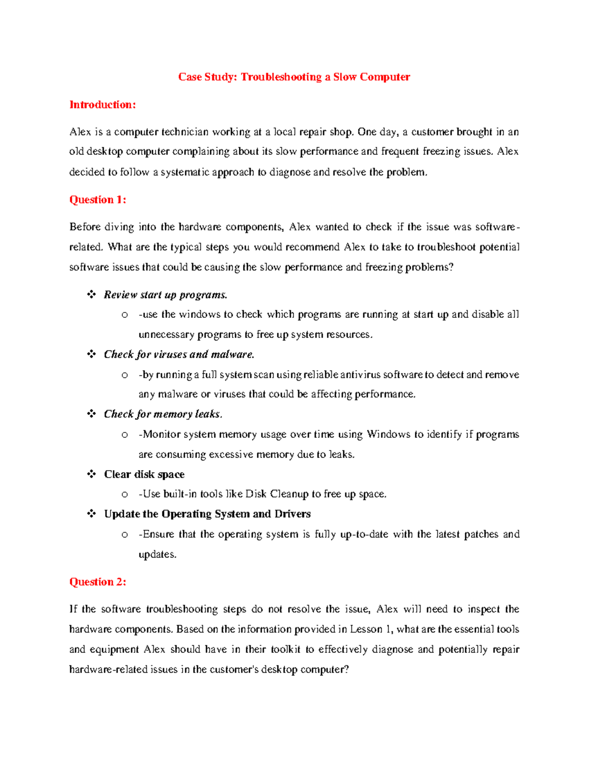 CASE 1answers - hgyfythv - Case Study: Troubleshooting a Slow Computer ...