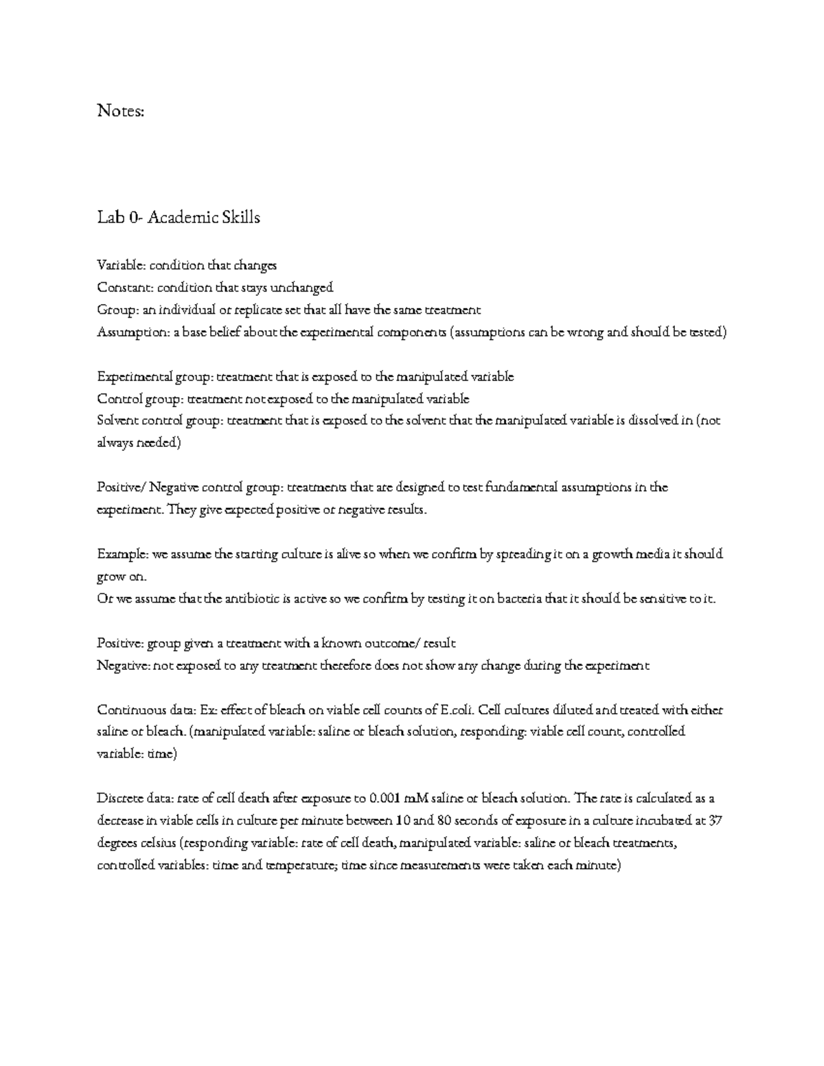 Bio lab summaries Notes Lab 0 Academic Skills Variable condition that changes Constant
