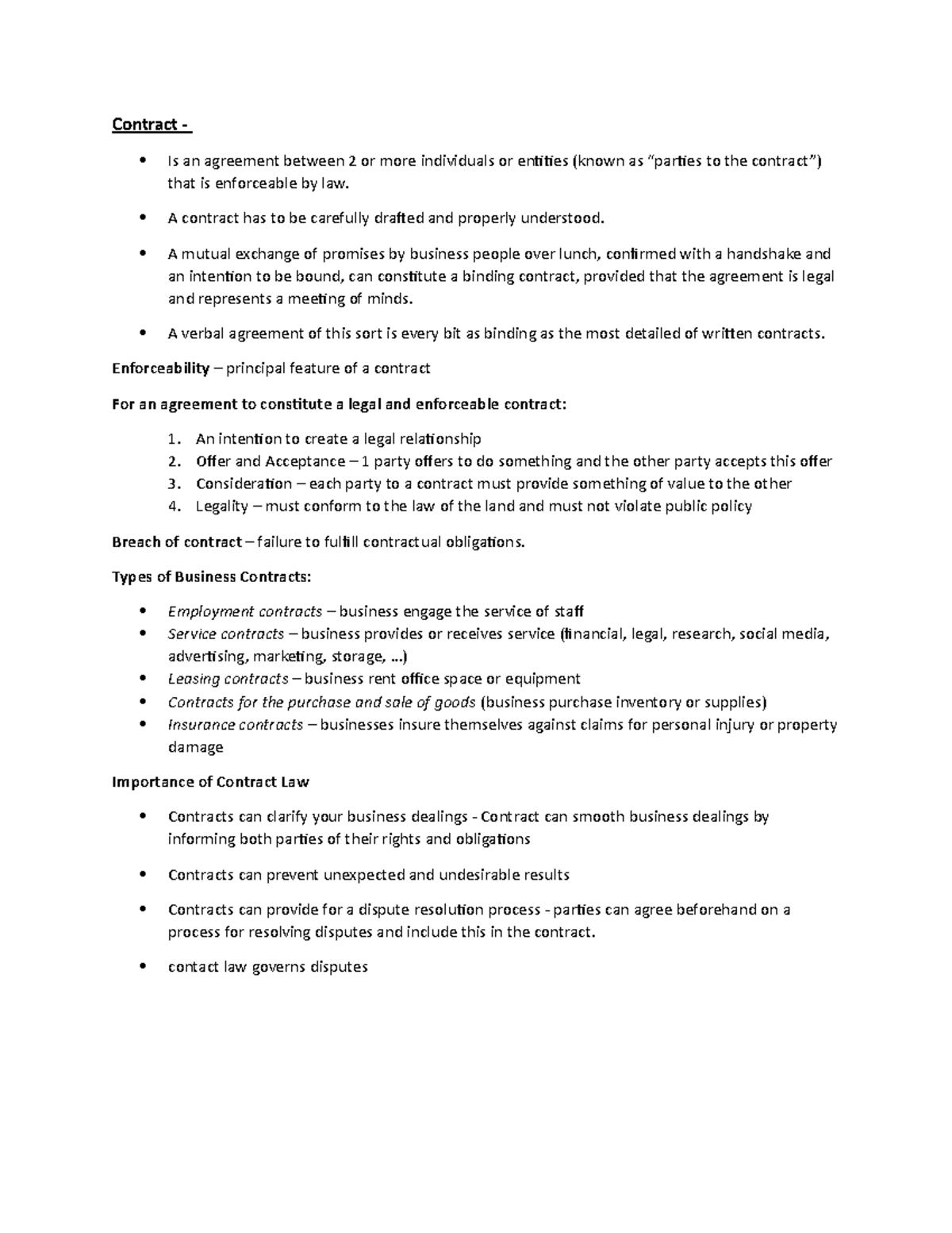 Test 2 review notes - Contract - Is an agreement between 2 or more ...