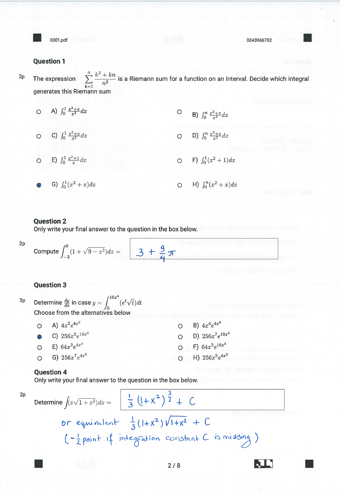 Solutions Sample Test1 Calc 1B 2019 Oefentoets - Calculus 1B - Studeersnel