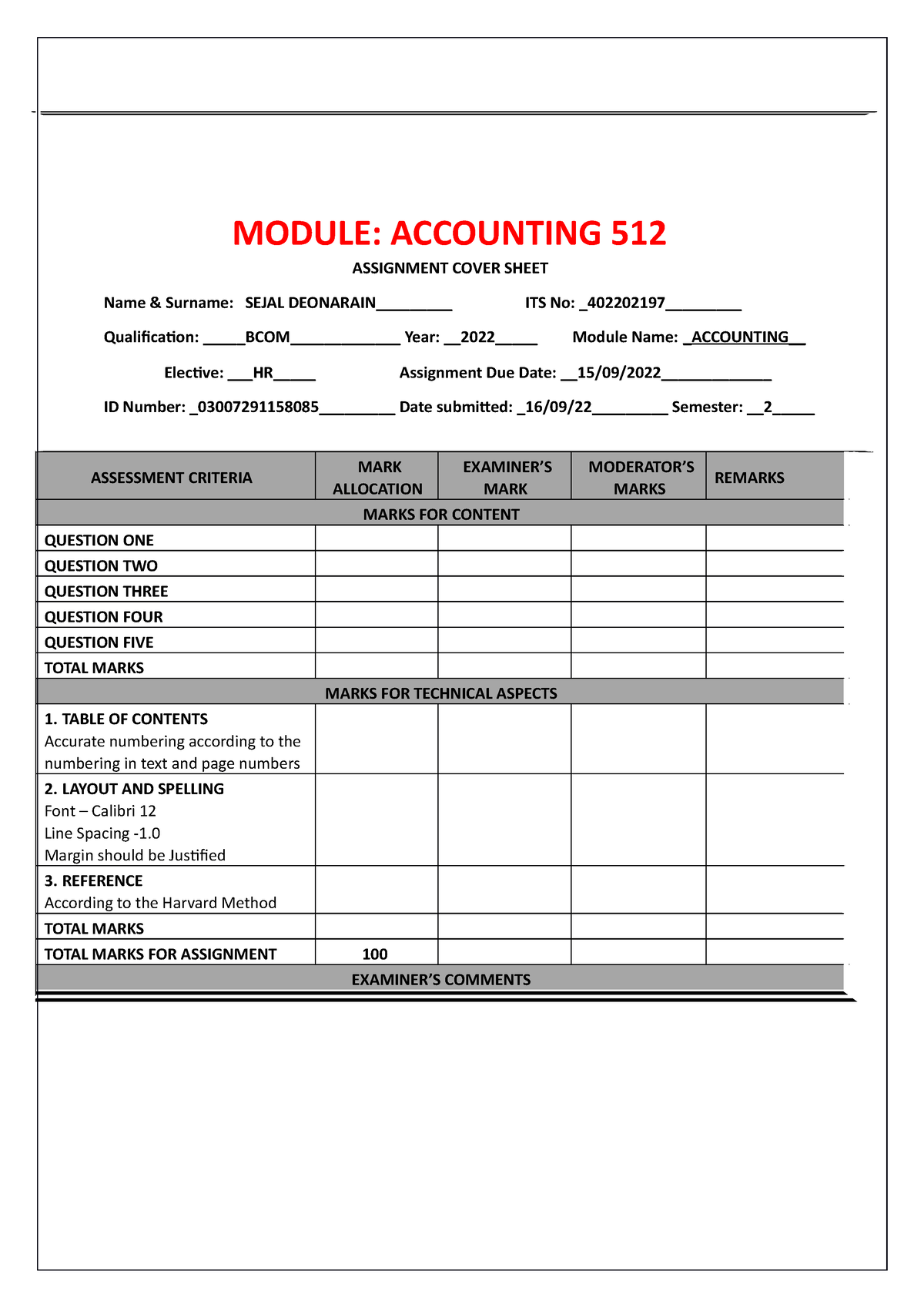 accounting 512 assignment answers