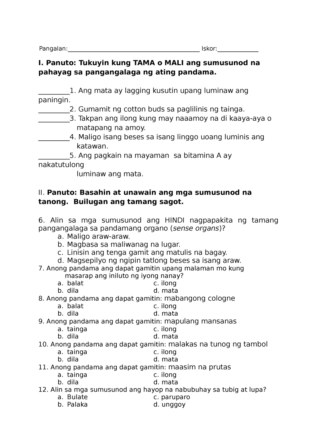 2nd Periodical Test Science - Pangalan ...