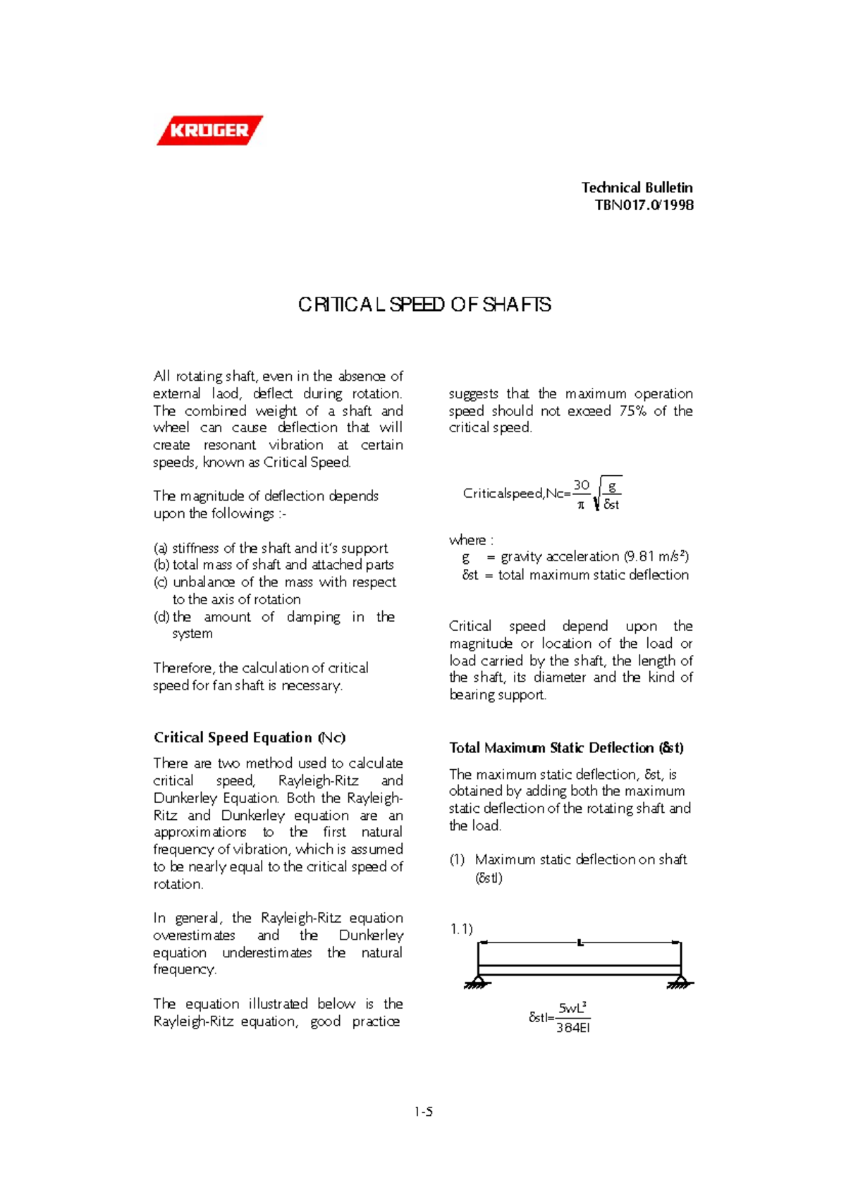 Critical SpeedsShafts Technical Bulletin TBN017/ C RITIC A L SPEED O