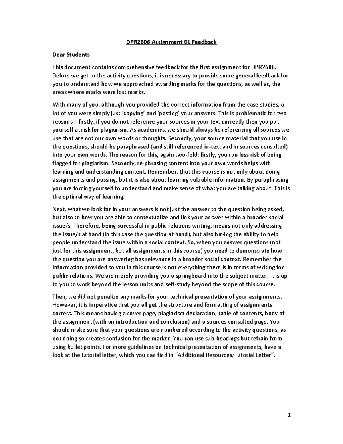 4 5969733623492906139 - DPR2606 Assignment 01 Feedback Dear Students ...