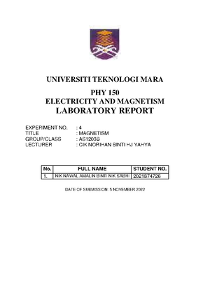 PHY Report Experiment 4 - UNIVERSITI TEKNOLOGI MARA PHY 150 ELECTRICITY ...