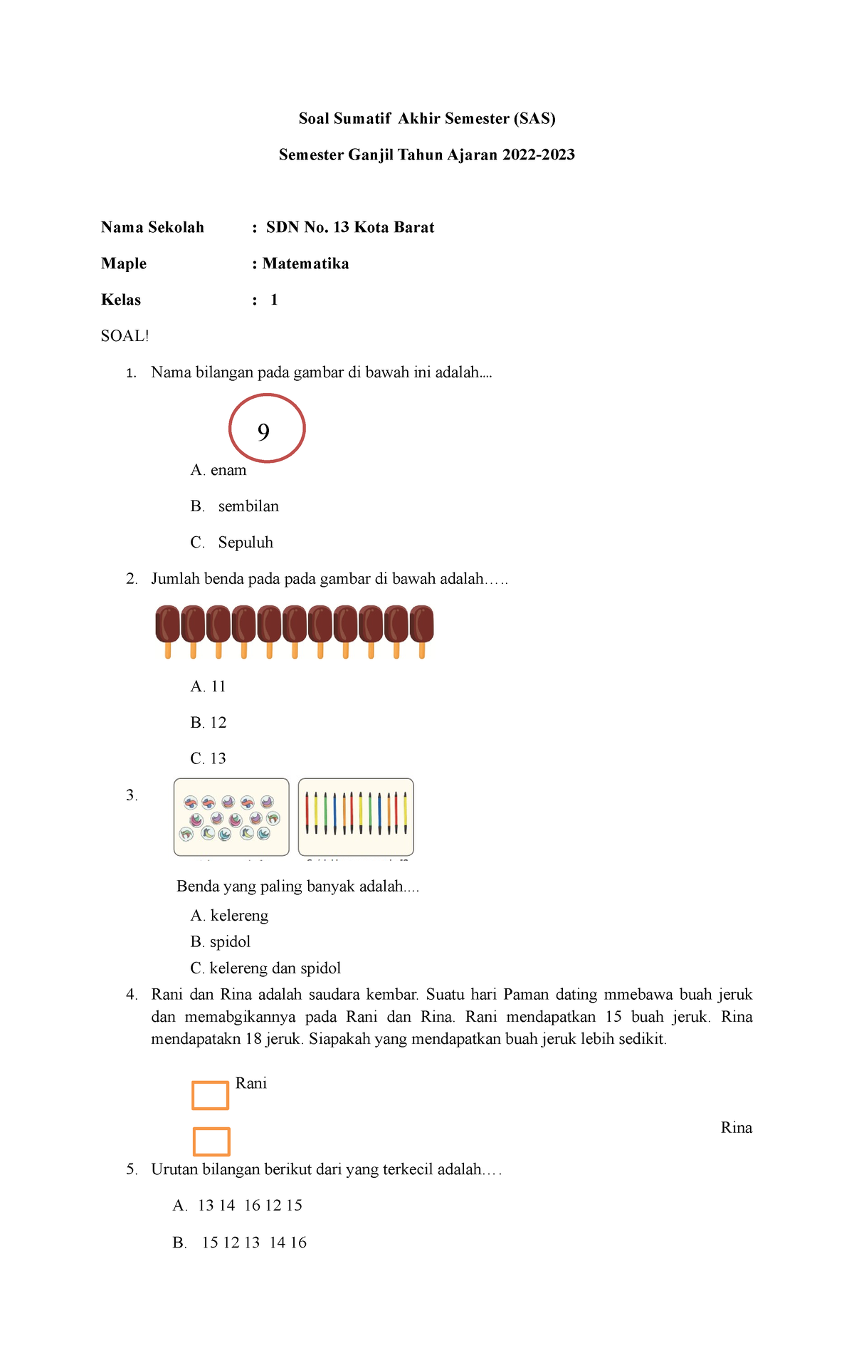 Matematika - Perangkat Kelas 1 - Soal Sumatif Akhir Semester (SAS ...