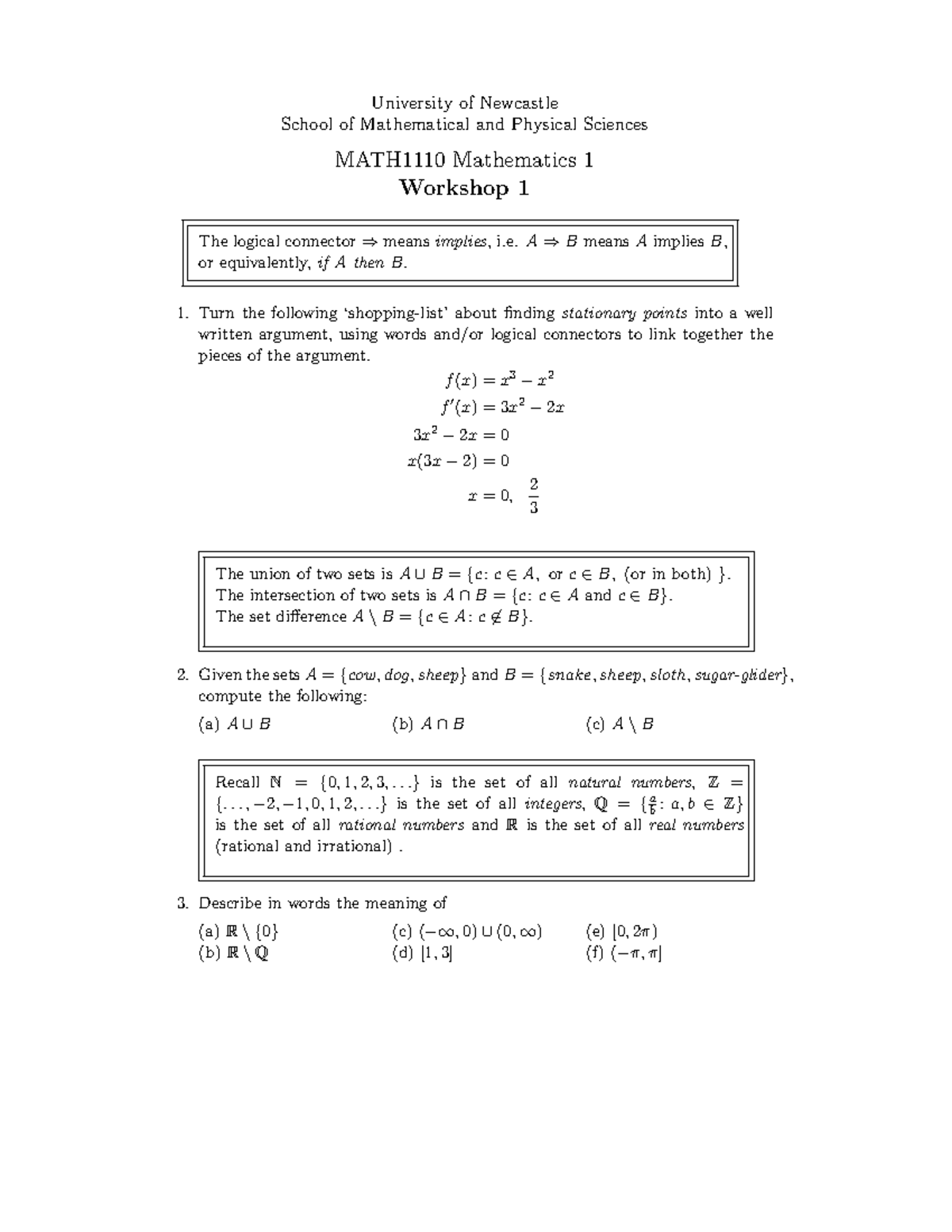 Workshop 1sols - Work shop 1 Solutions 2015 - University of Newcastle ...