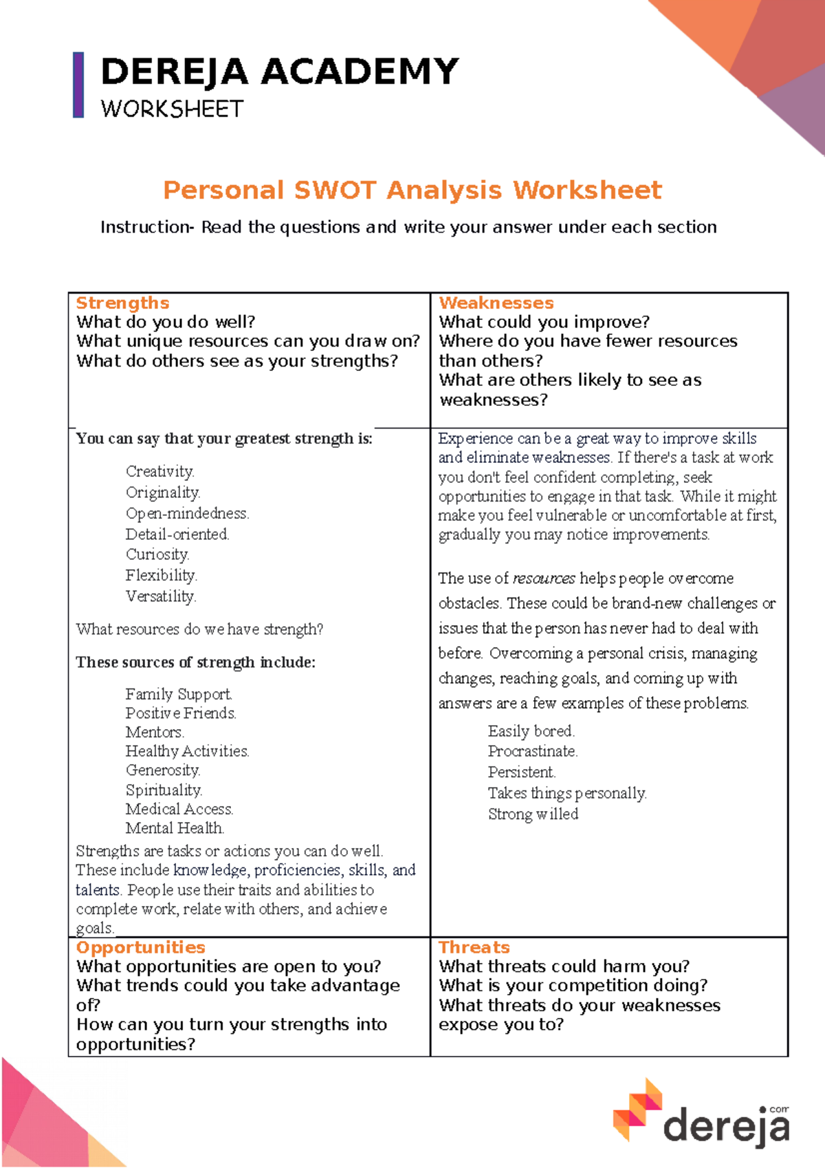 1 Activity 1- DA Swot Analysis - DEREJA ACADEMY WORKSHEET Personal SWOT ...