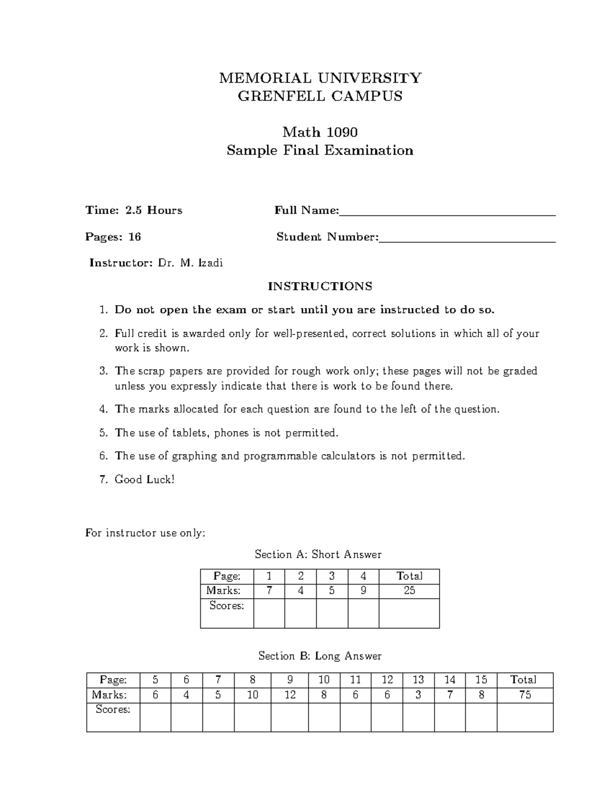 Sample Final - qqqqq - MEMORIAL UNIVERSITY GRENFELL CAMPUS Math 1090 ...